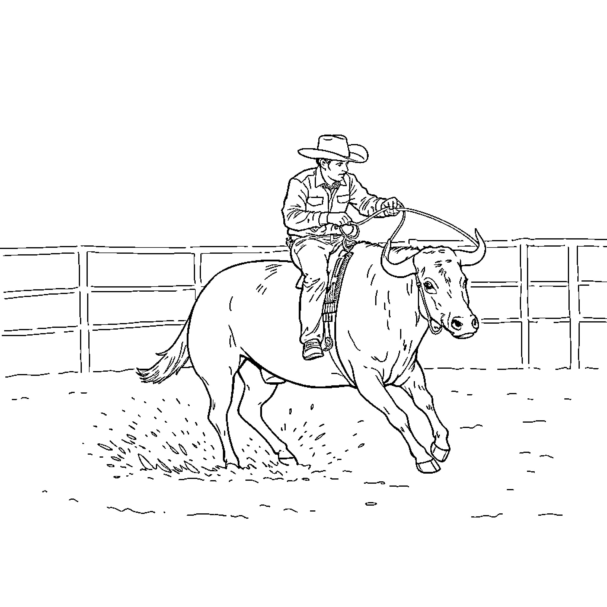 Roper riding a horse in an arena Coloring Page (free black-and-white line drawing printable PDF for all, from beginners to advanced learners, including children, teens, adults, and seniors)
