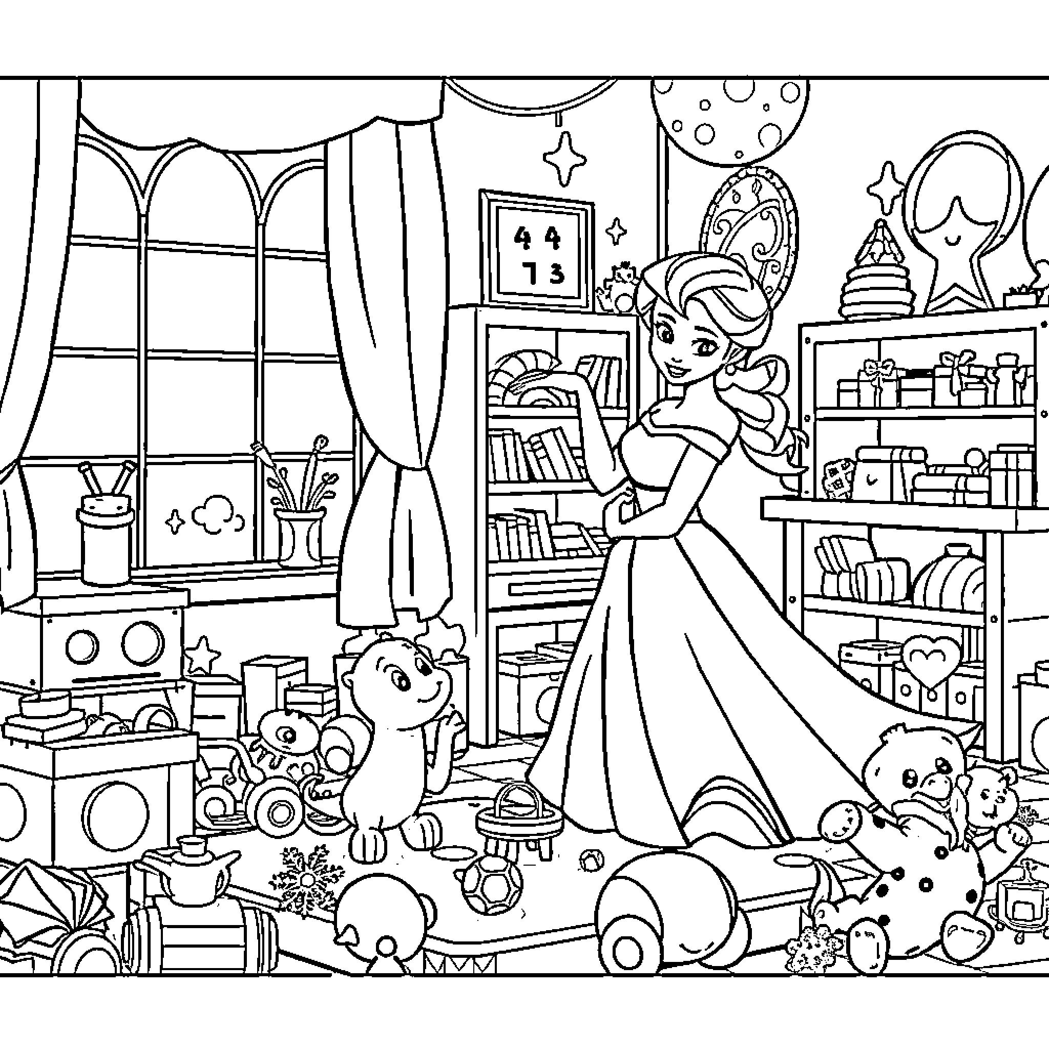 Cinderella's Cozy Room Filled with Toys and Treasures Coloring Page (free black-and-white line drawing printable PDF for all, from beginners to advanced learners, including children, teens, adults, and seniors)