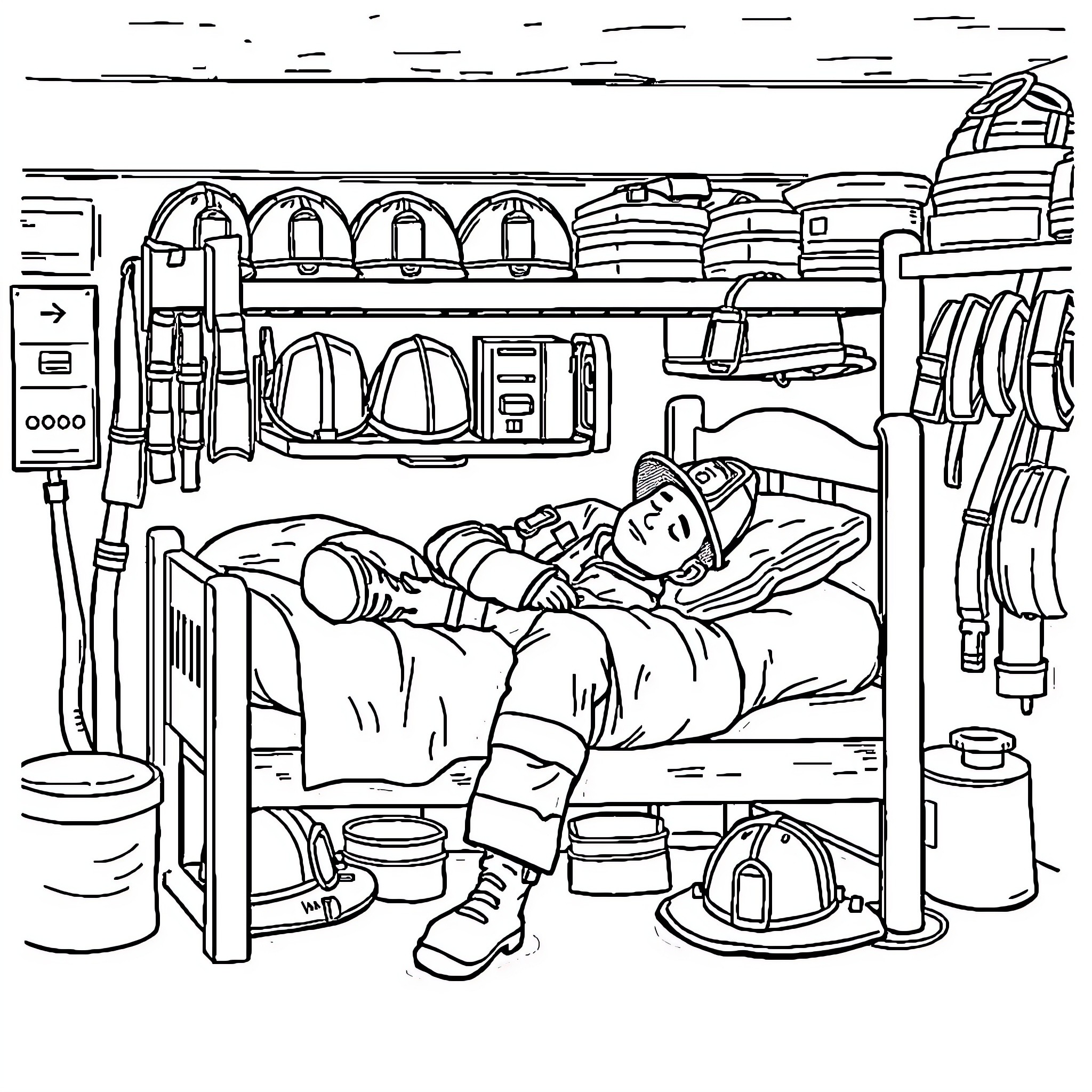 Firefighter resting in equipment-filled dormitory Coloring Page (free black-and-white line drawing printable PDF for all, from beginners to advanced learners, including children, teens, adults, and seniors)