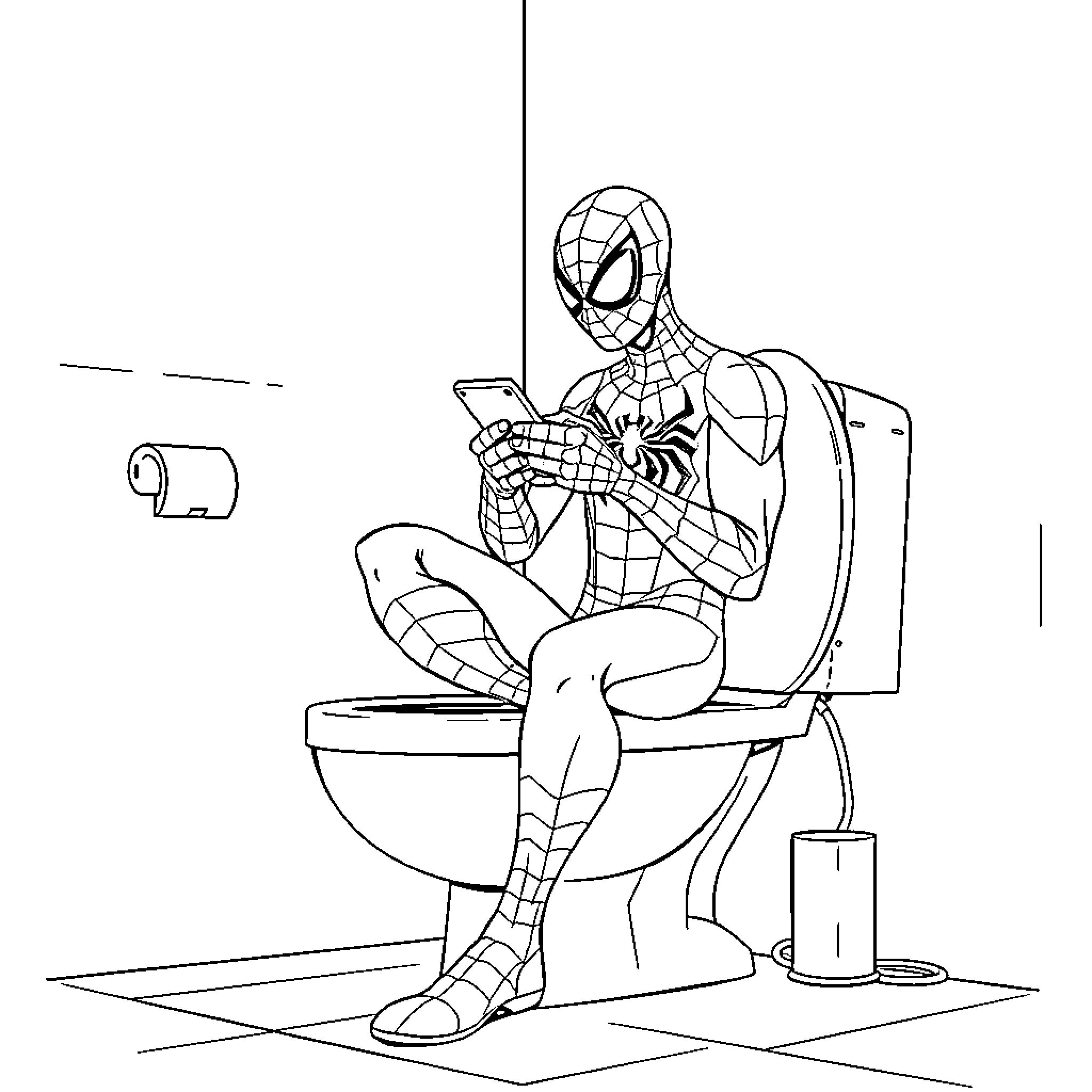 Spider-Man using smartphone while sitting on toilet Coloring Page (free black-and-white line drawing printable PDF for all, from beginners to advanced learners, including children, teens, adults, and seniors)