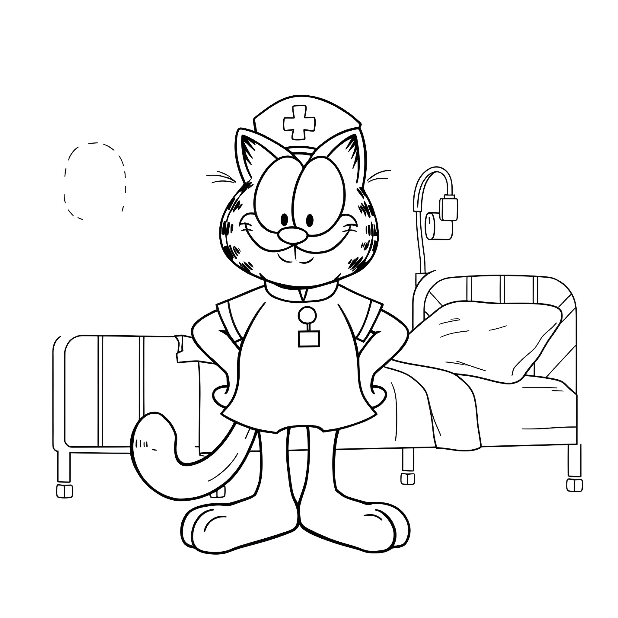 Garfield dressed as a nurse in the hospital Coloring Page (free black-and-white line drawing printable PDF for all, from beginners to advanced learners, including children, teens, adults, and seniors)