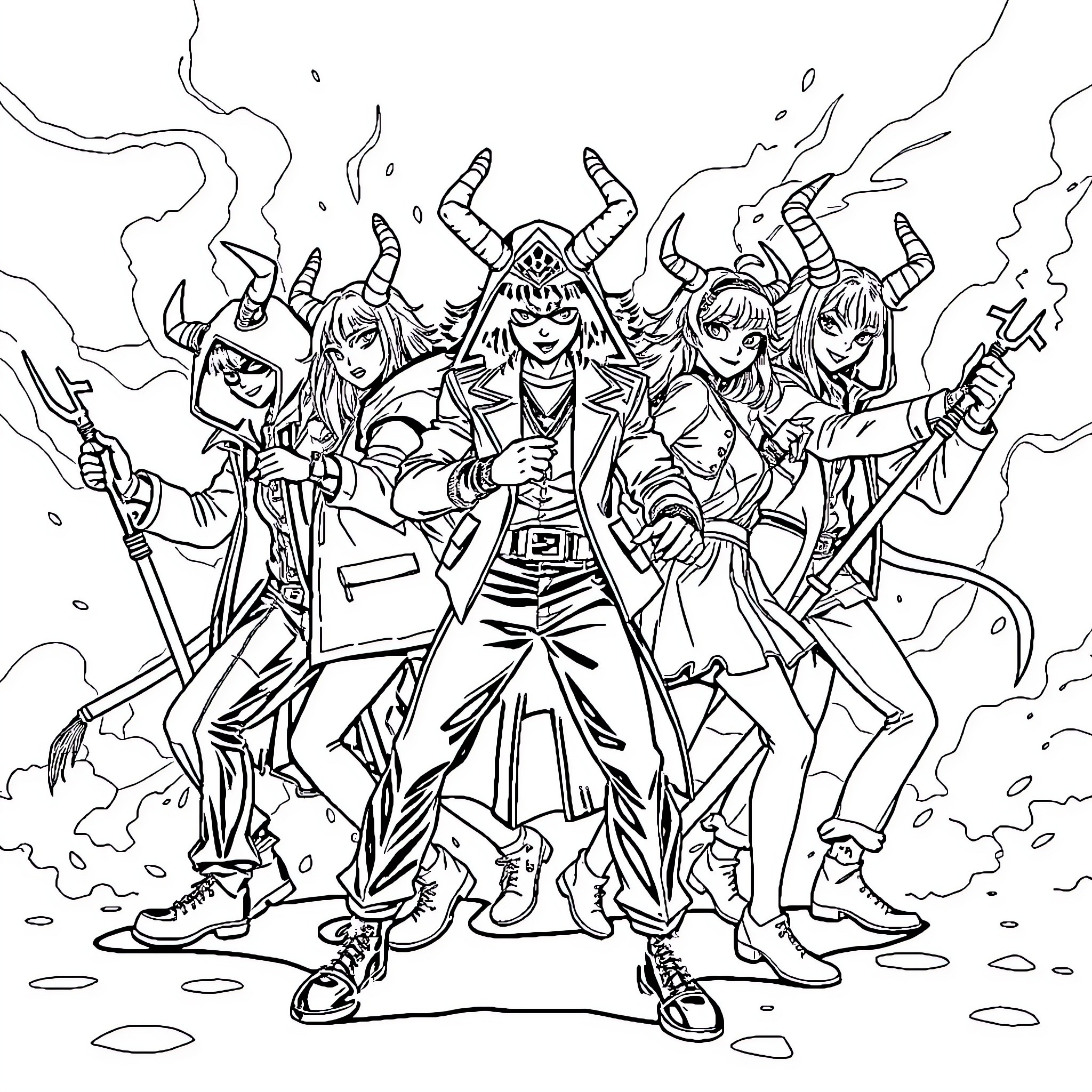 Demon Hunter Leads a Warrior Team in Battle Coloring Page (free black-and-white line drawing printable PDF for all, from beginners to advanced learners, including children, teens, adults, and seniors)