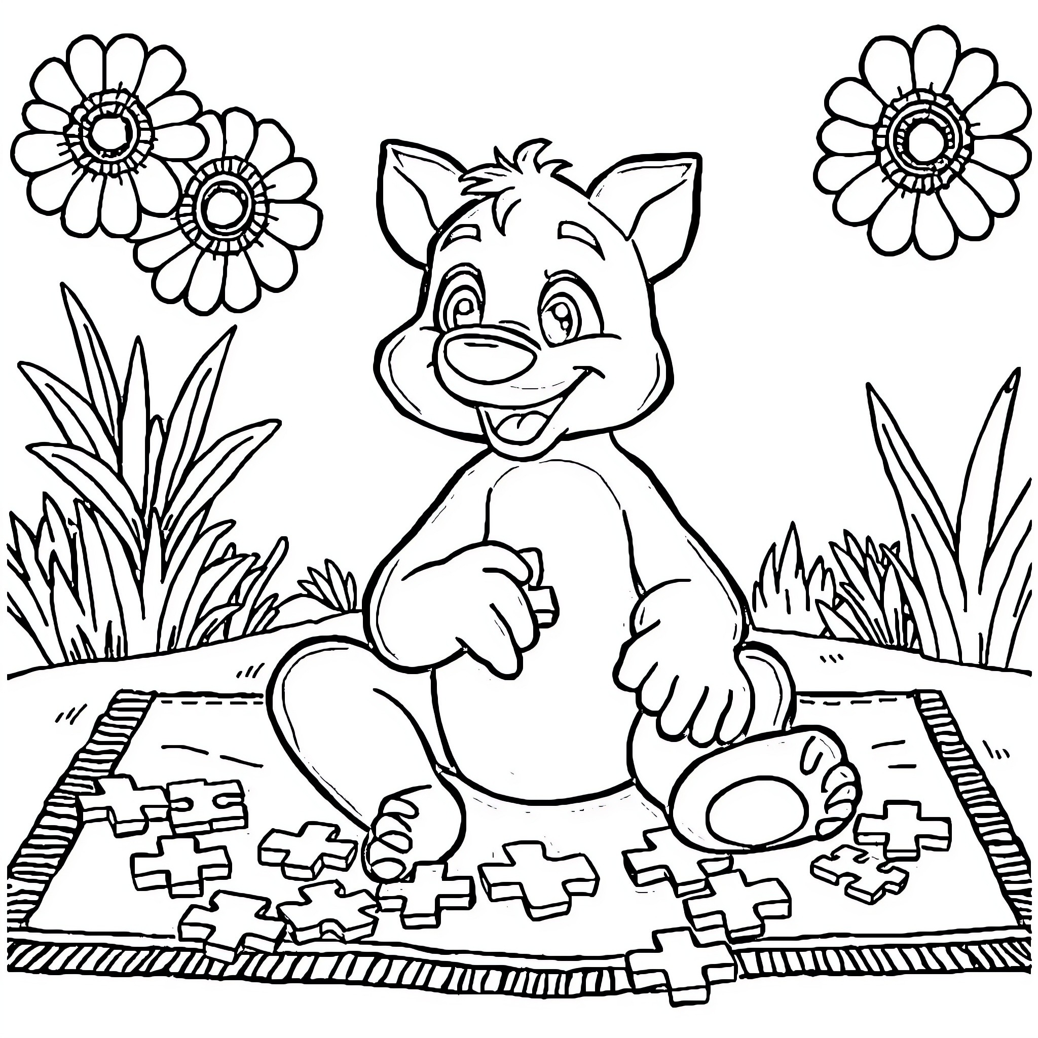 Bluey playing happily with puzzles in the garden Coloring Page (free black-and-white line drawing printable PDF for all, from beginners to advanced learners, including children, teens, adults, and seniors)