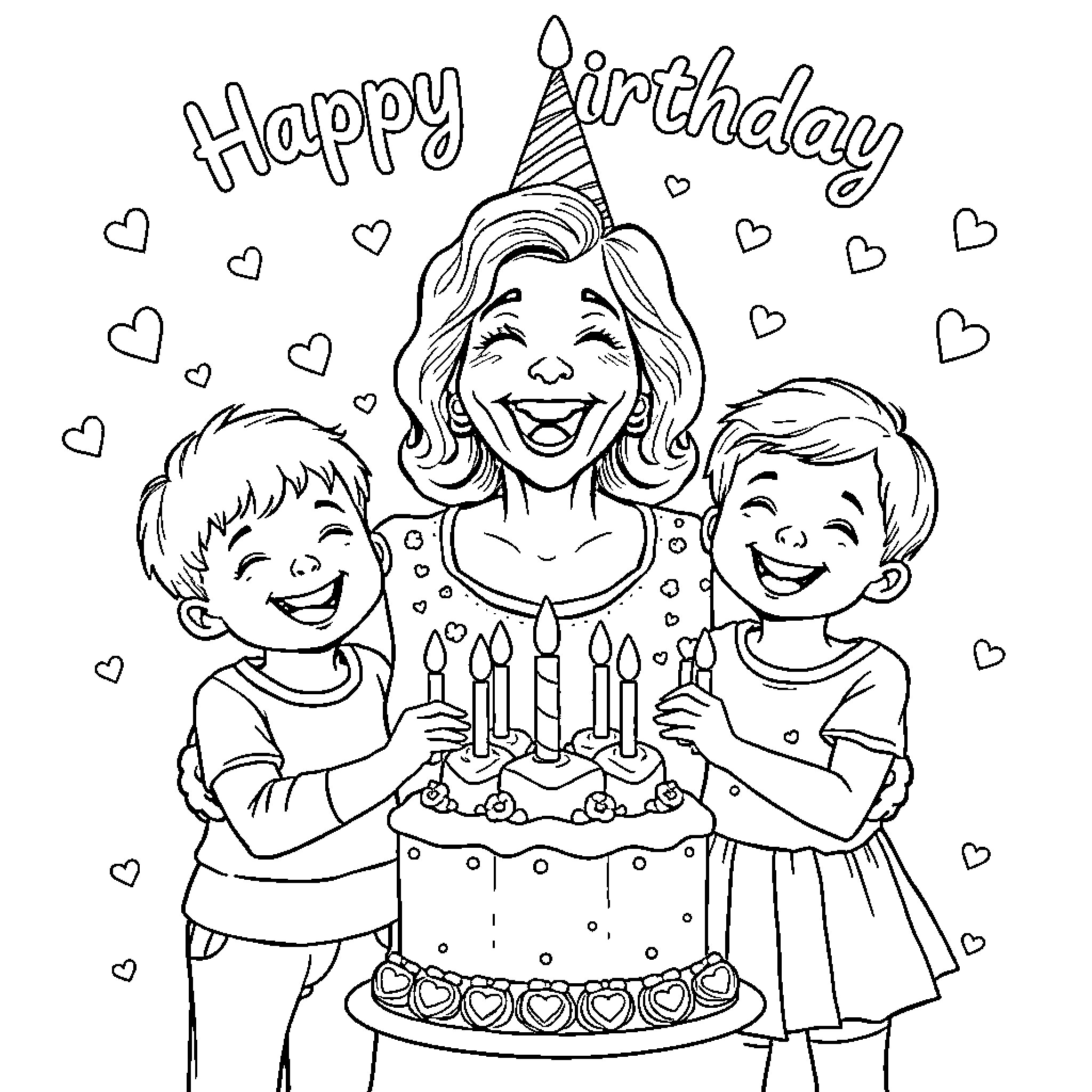 Grandma's Happy Birthday Celebration with Family Coloring Page (free black-and-white line drawing printable PDF for all, from beginners to advanced learners, including children, teens, adults, and seniors)