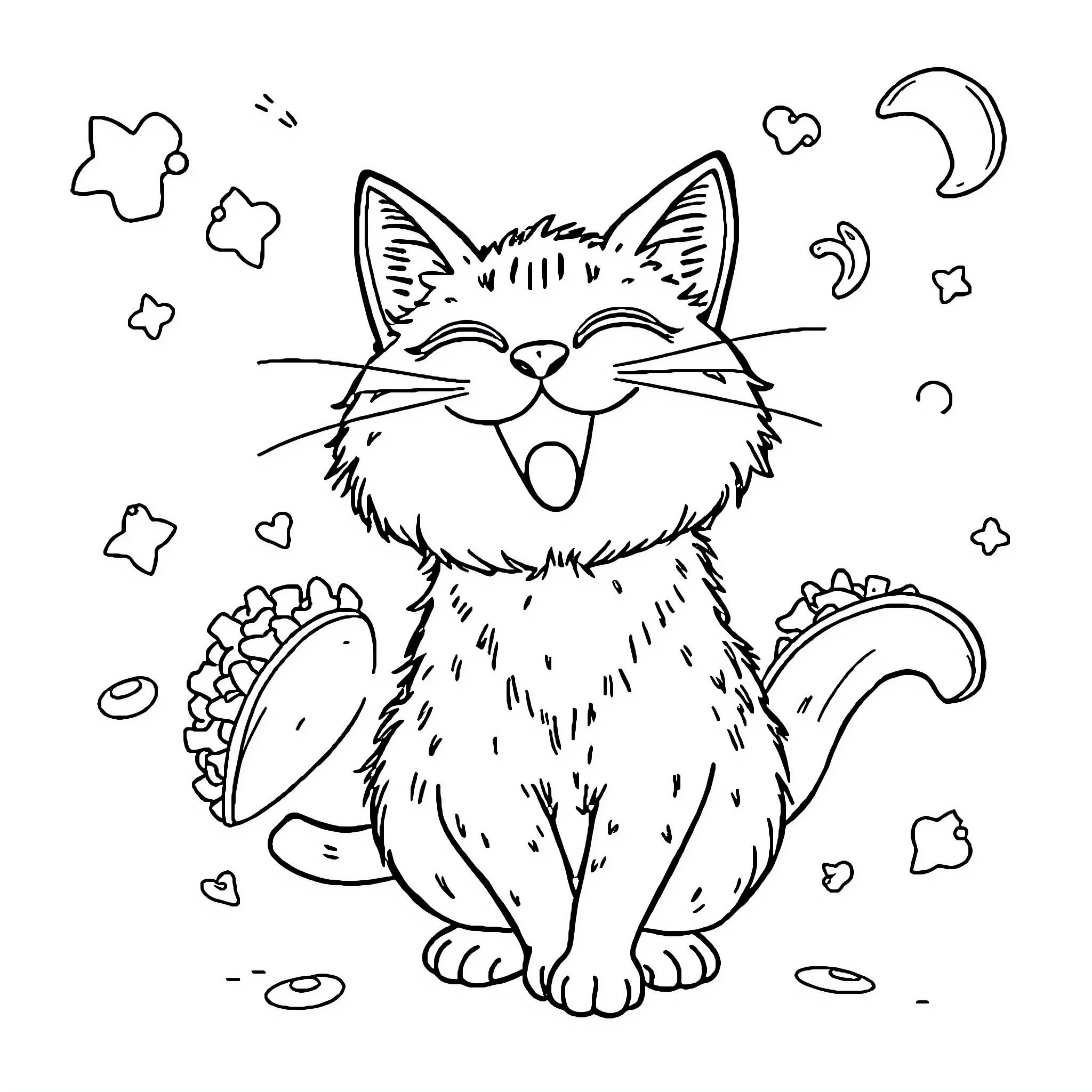 Cat in whimsical starry night scene Coloring Page (free black-and-white line drawing printable PDF for all, from beginners to advanced learners, including children, teens, adults, and seniors)