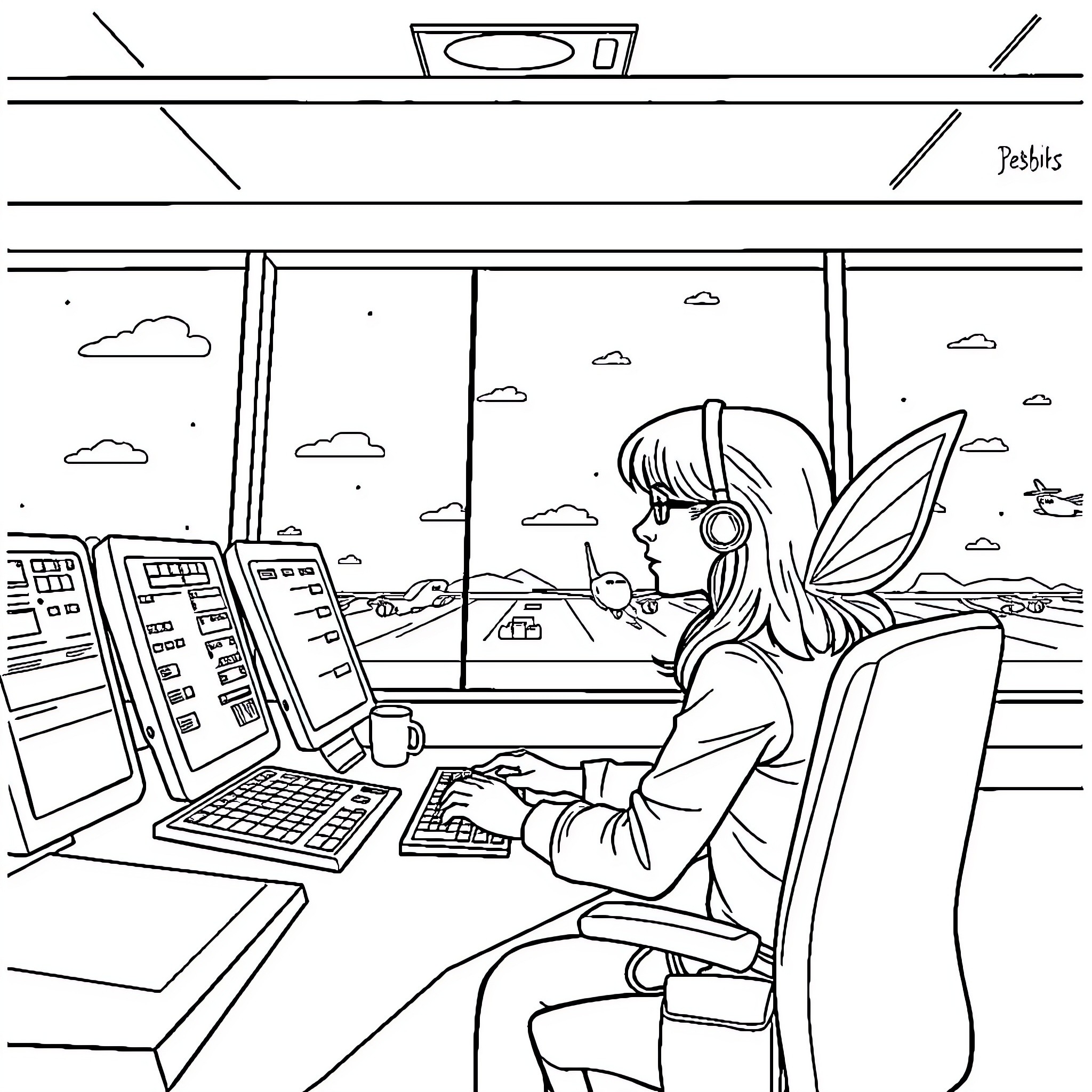 Mom working diligently on computer in office Coloring Page (free black-and-white line drawing printable PDF for all, from beginners to advanced learners, including children, teens, adults, and seniors)