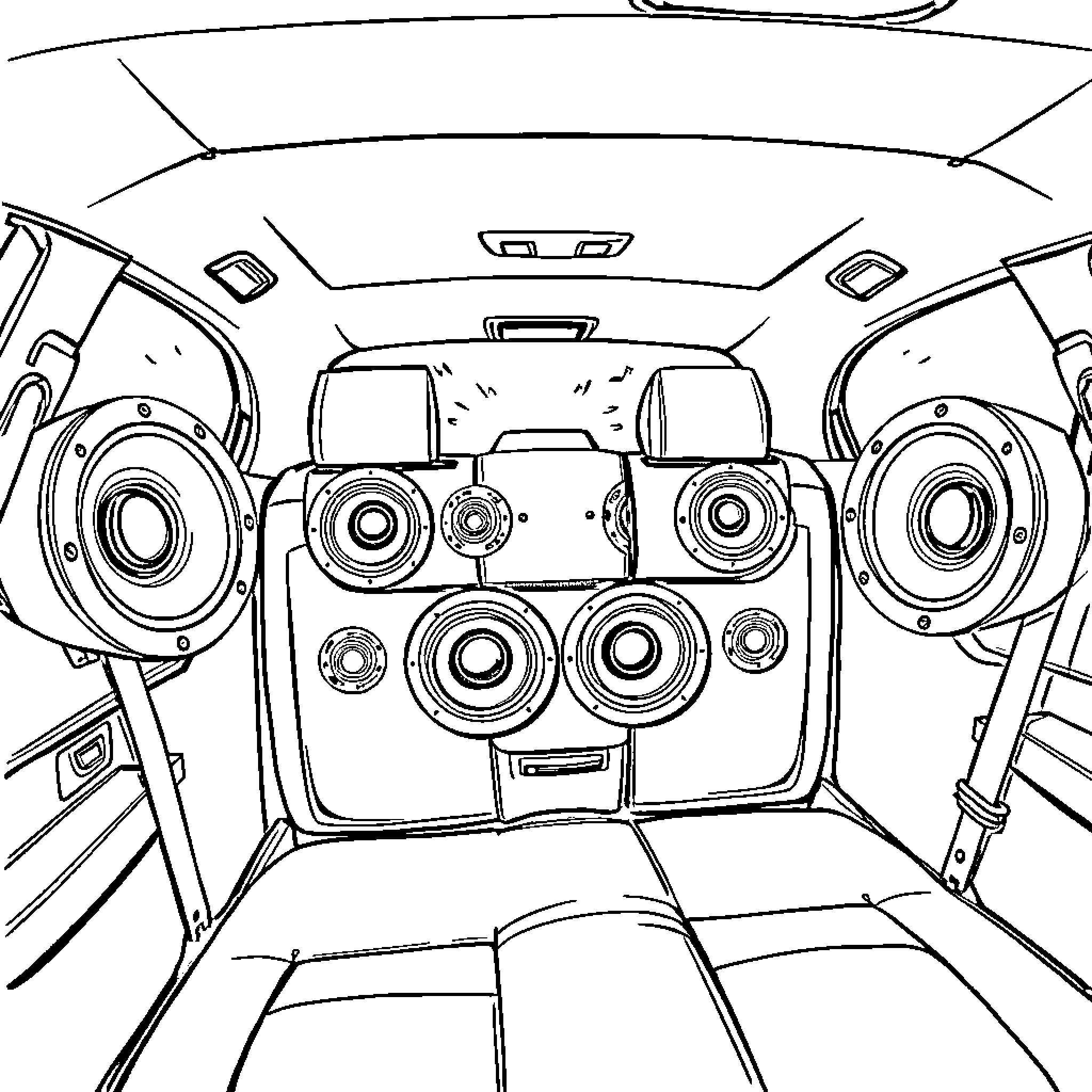 Speaker delivering audio performance in car interior Coloring Page (free black-and-white line drawing printable PDF for all, from beginners to advanced learners, including children, teens, adults, and seniors)