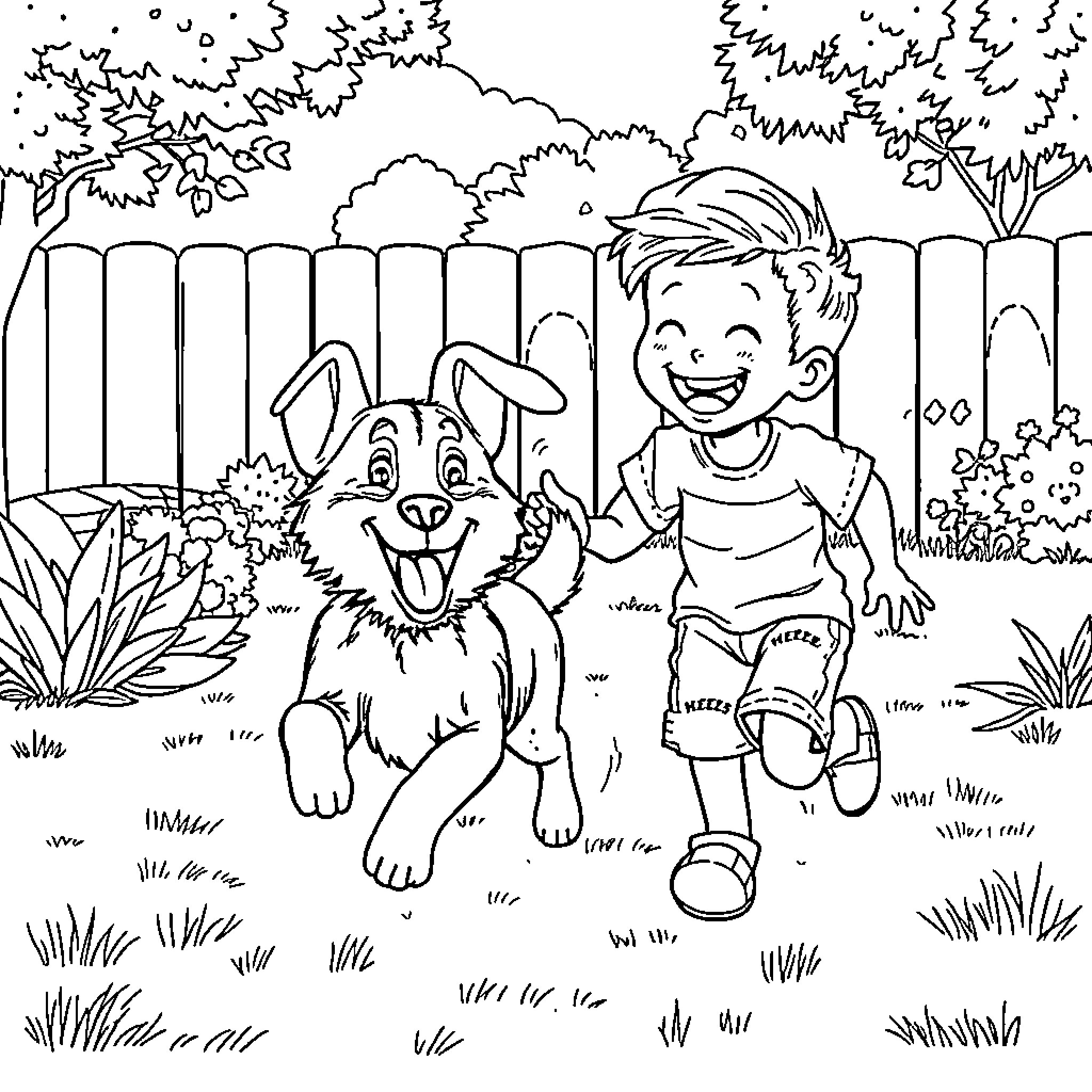 Blue Heeler playing happily with a boy in the backyard Coloring Page (free black-and-white line drawing printable PDF for all, from beginners to advanced learners, including children, teens, adults, and seniors)