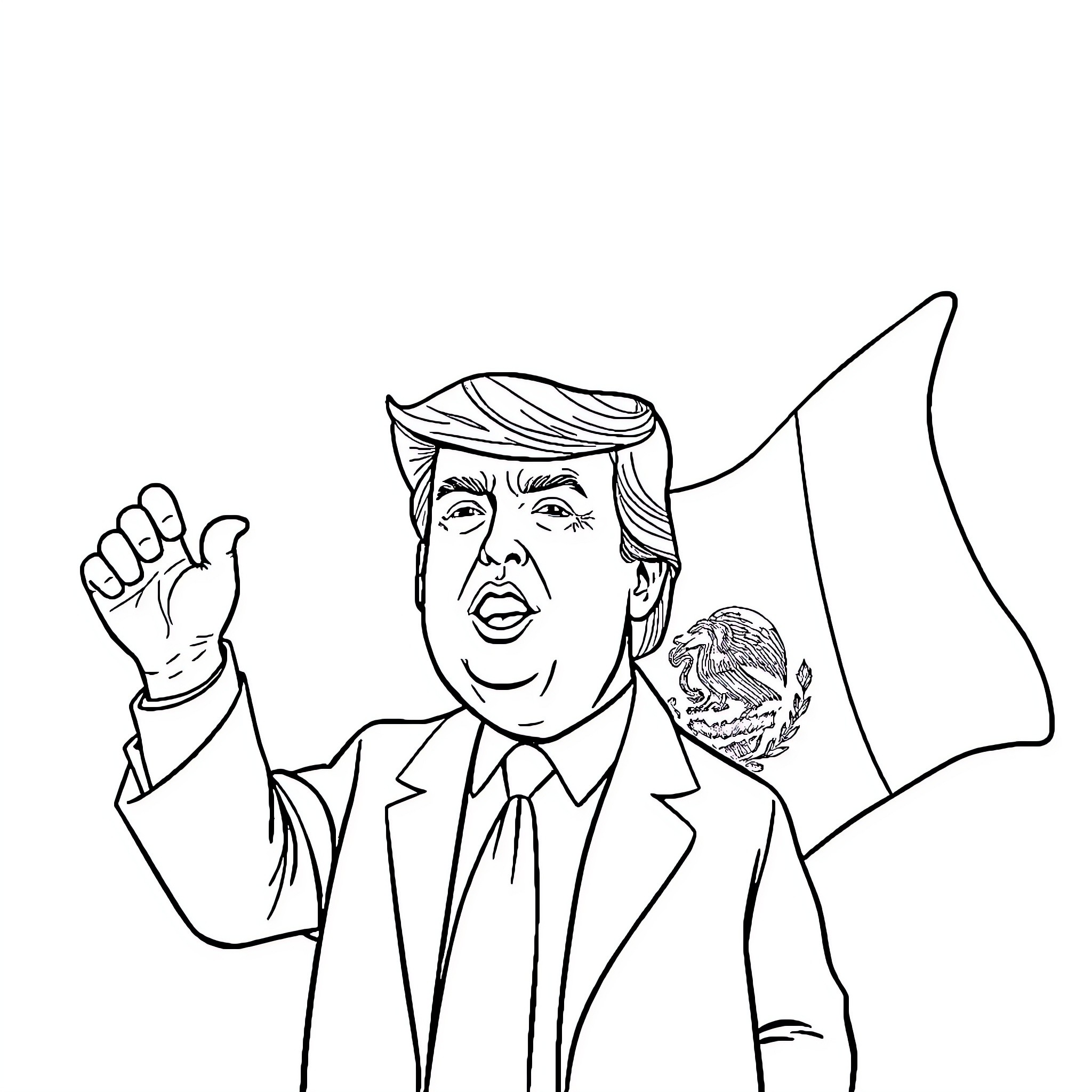 Donald Trump waving hand with Mexican flag Coloring Page (free black-and-white line drawing printable PDF for all, from beginners to advanced learners, including children, teens, adults, and seniors)