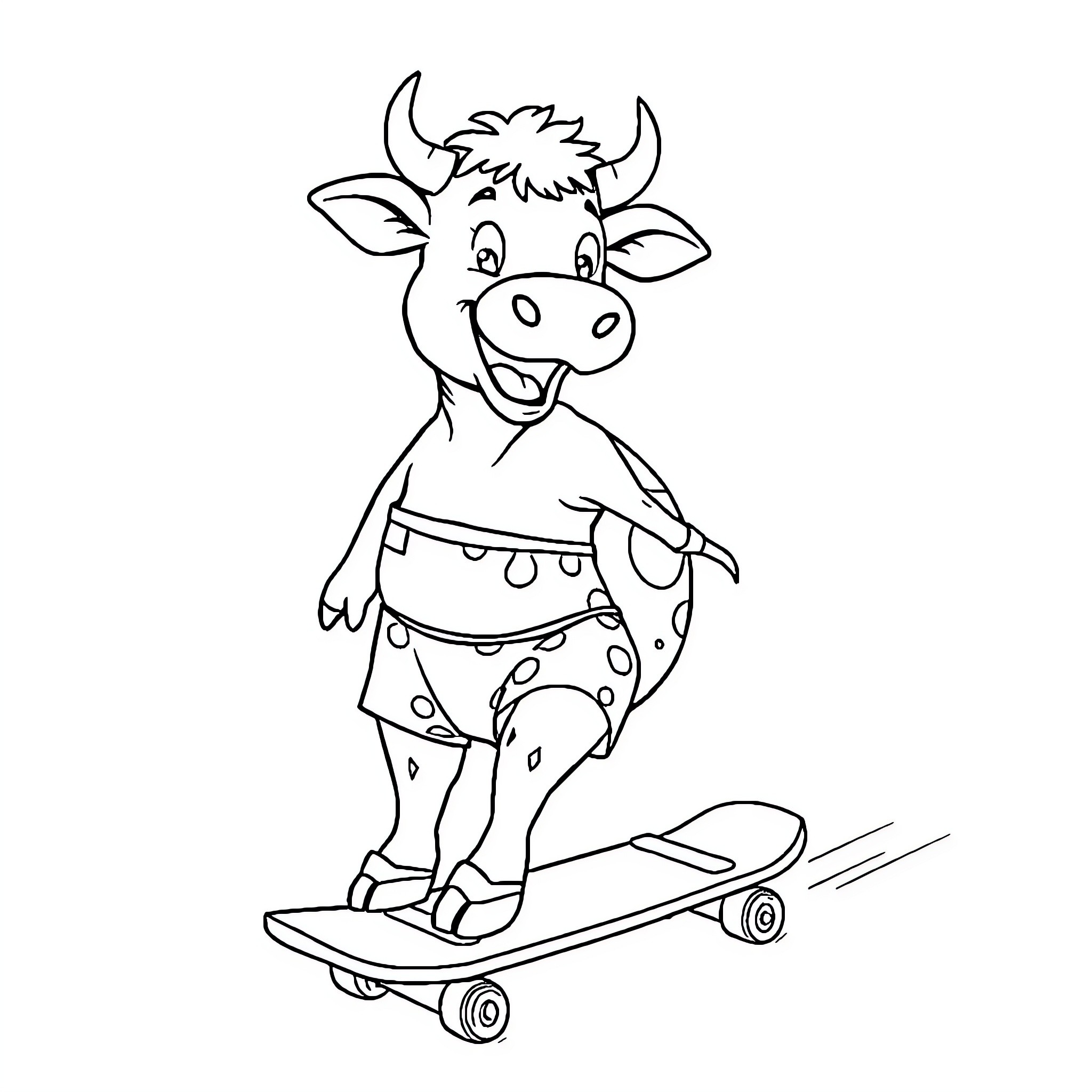 Cow riding a skateboard Coloring Page (free black-and-white line drawing printable PDF for all, from beginners to advanced learners, including children, teens, adults, and seniors)