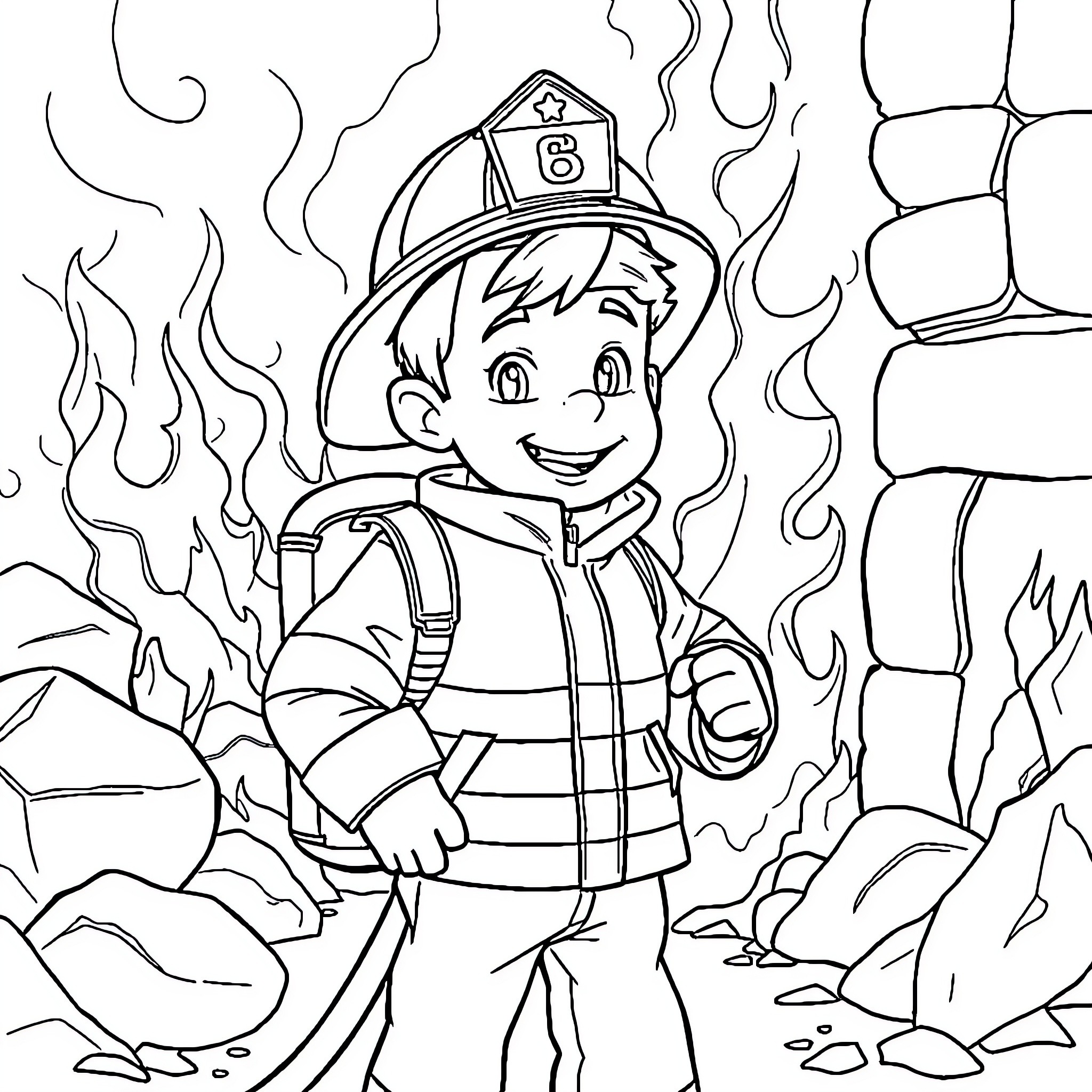 Firefighter Bravely Battling Blaze Coloring Page (free black-and-white line drawing printable PDF for all, from beginners to advanced learners, including children, teens, adults, and seniors)