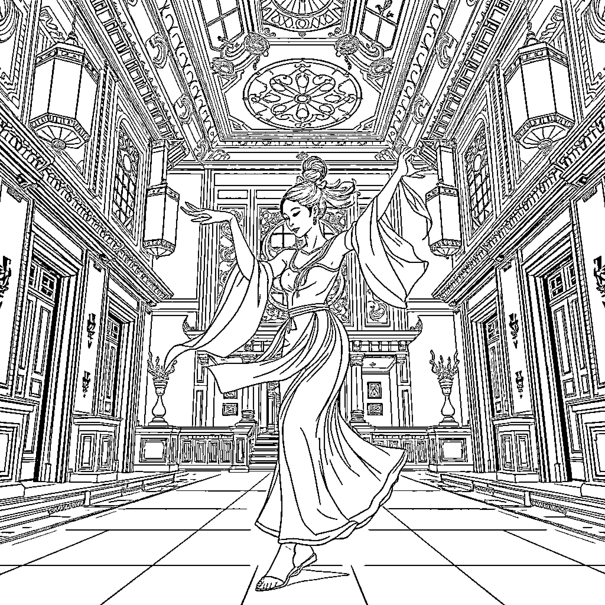 Dancer performing in an ornate palace Coloring Page (free black-and-white line drawing printable PDF for all, from beginners to advanced learners, including children, teens, adults, and seniors)