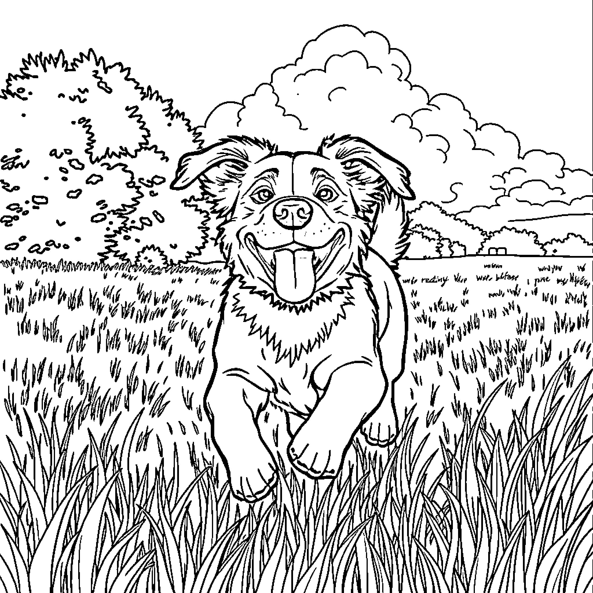 Dog happily running in the field Coloring Page (free black-and-white line drawing printable PDF for all, from beginners to advanced learners, including children, teens, adults, and seniors)
