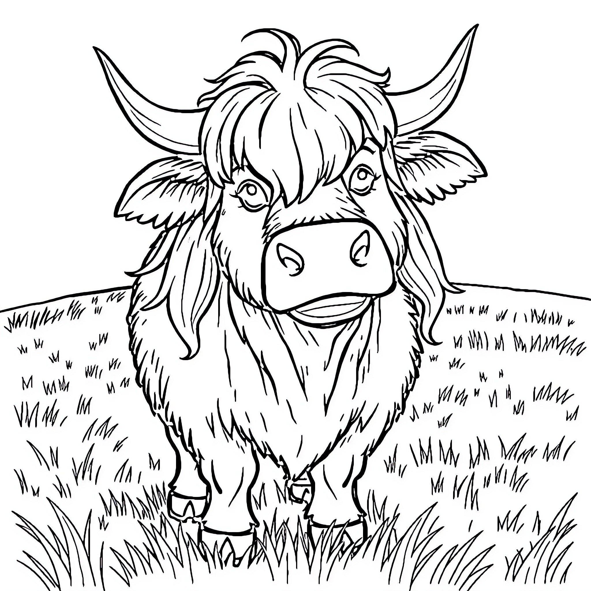 Scottish Highland Cow exploring grassy field Coloring Page (free black-and-white line drawing printable PDF for all, from beginners to advanced learners, including children, teens, adults, and seniors)