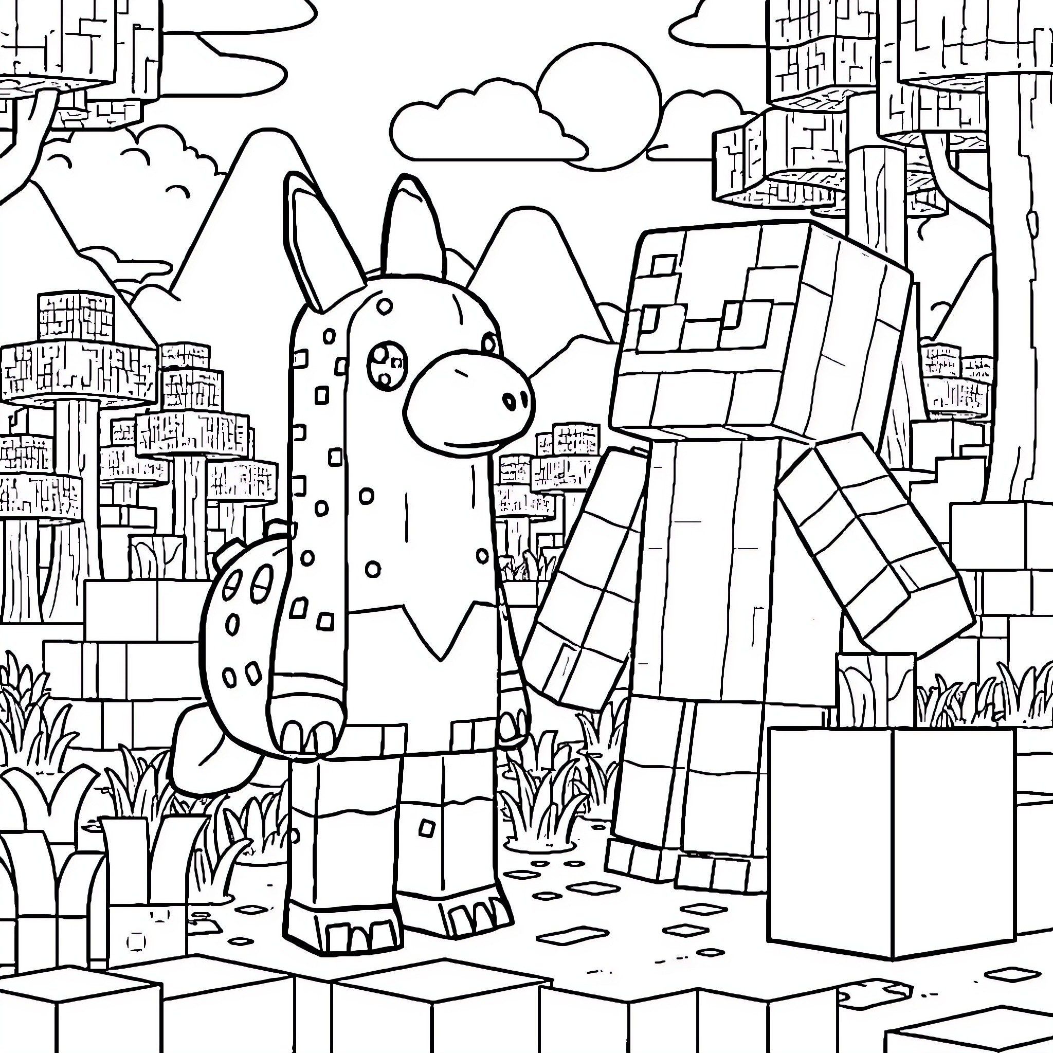 Labubu's Adventure in the Bustling City Coloring Page (free black-and-white line drawing printable PDF for all, from beginners to advanced learners, including children, teens, adults, and seniors)