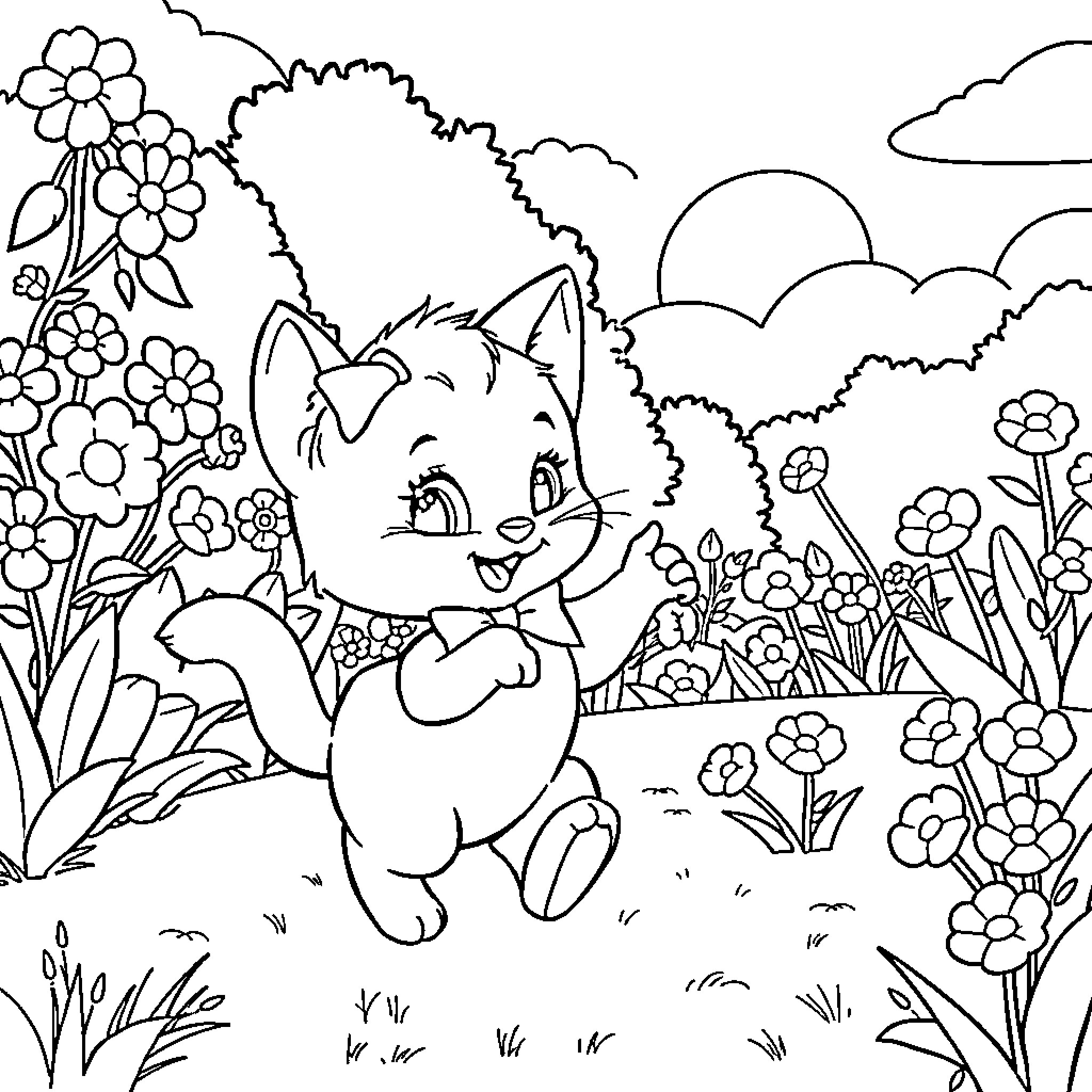 Marie playing joyfully in the flowery meadow Coloring Page (free black-and-white line drawing printable PDF for all, from beginners to advanced learners, including children, teens, adults, and seniors)