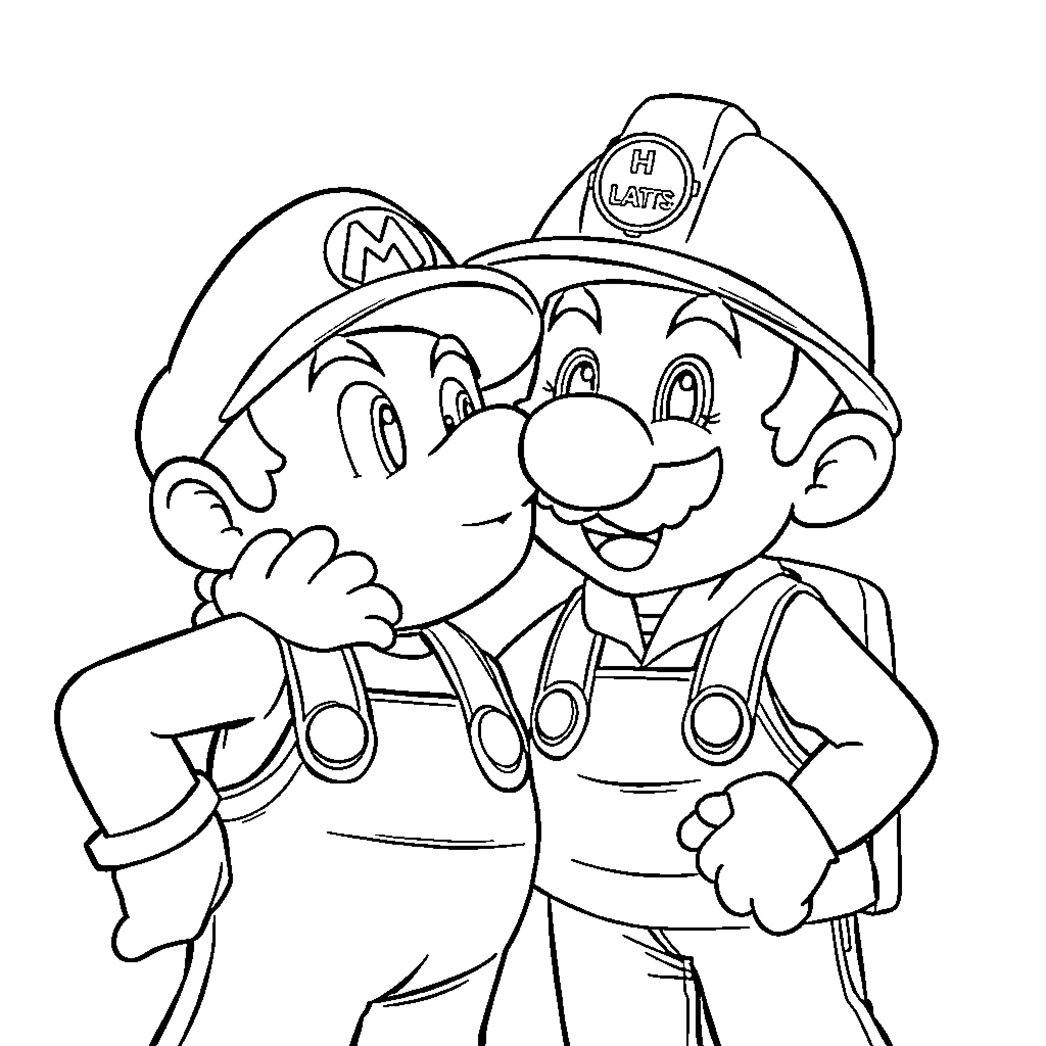 Super Mario Brothers in Action Poses Coloring Page (free black-and-white line drawing printable PDF for all, from beginners to advanced learners, including children, teens, adults, and seniors)