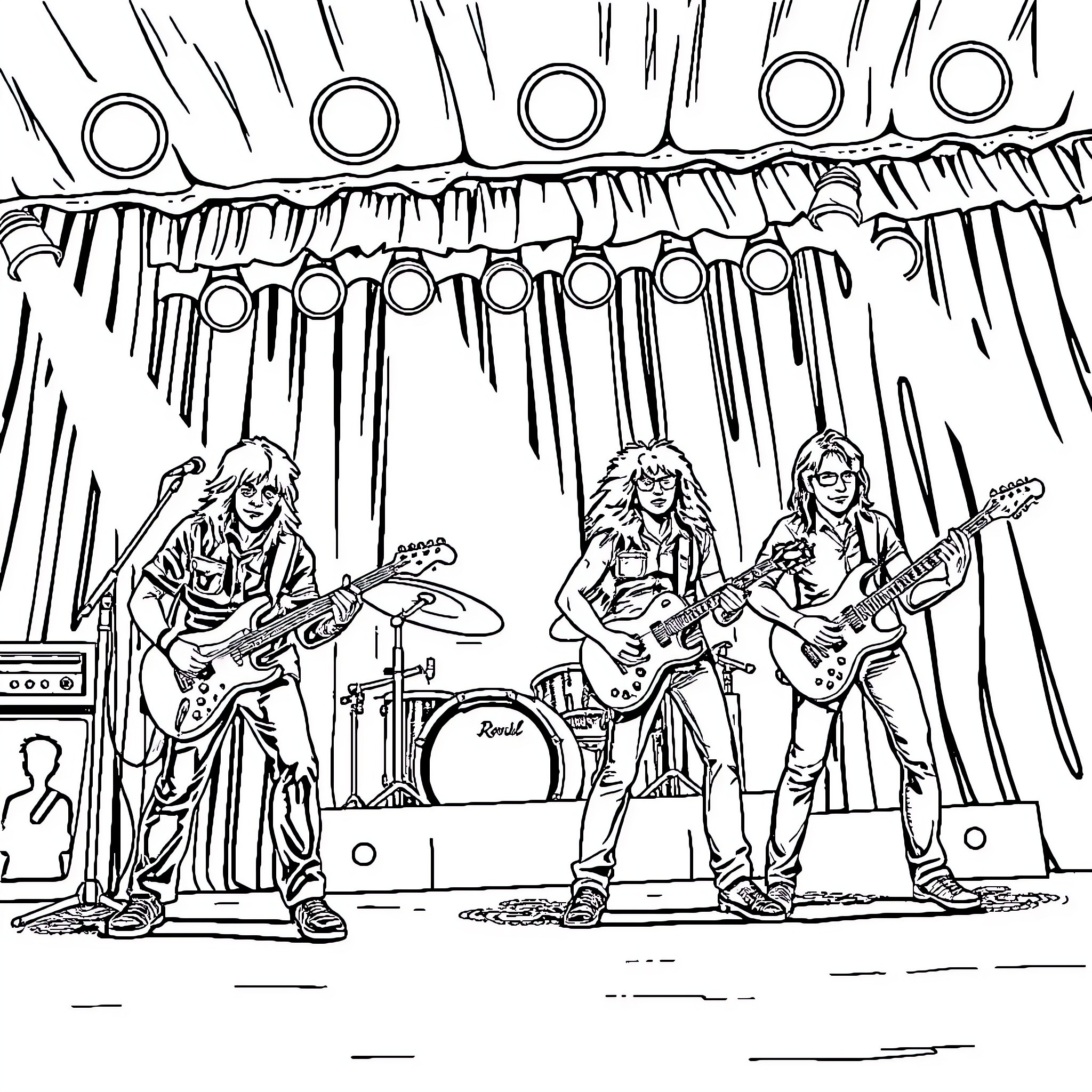 Rock Group Performing on Stage with Instruments Coloring Page (free black-and-white line drawing printable PDF for all, from beginners to advanced learners, including children, teens, adults, and seniors)