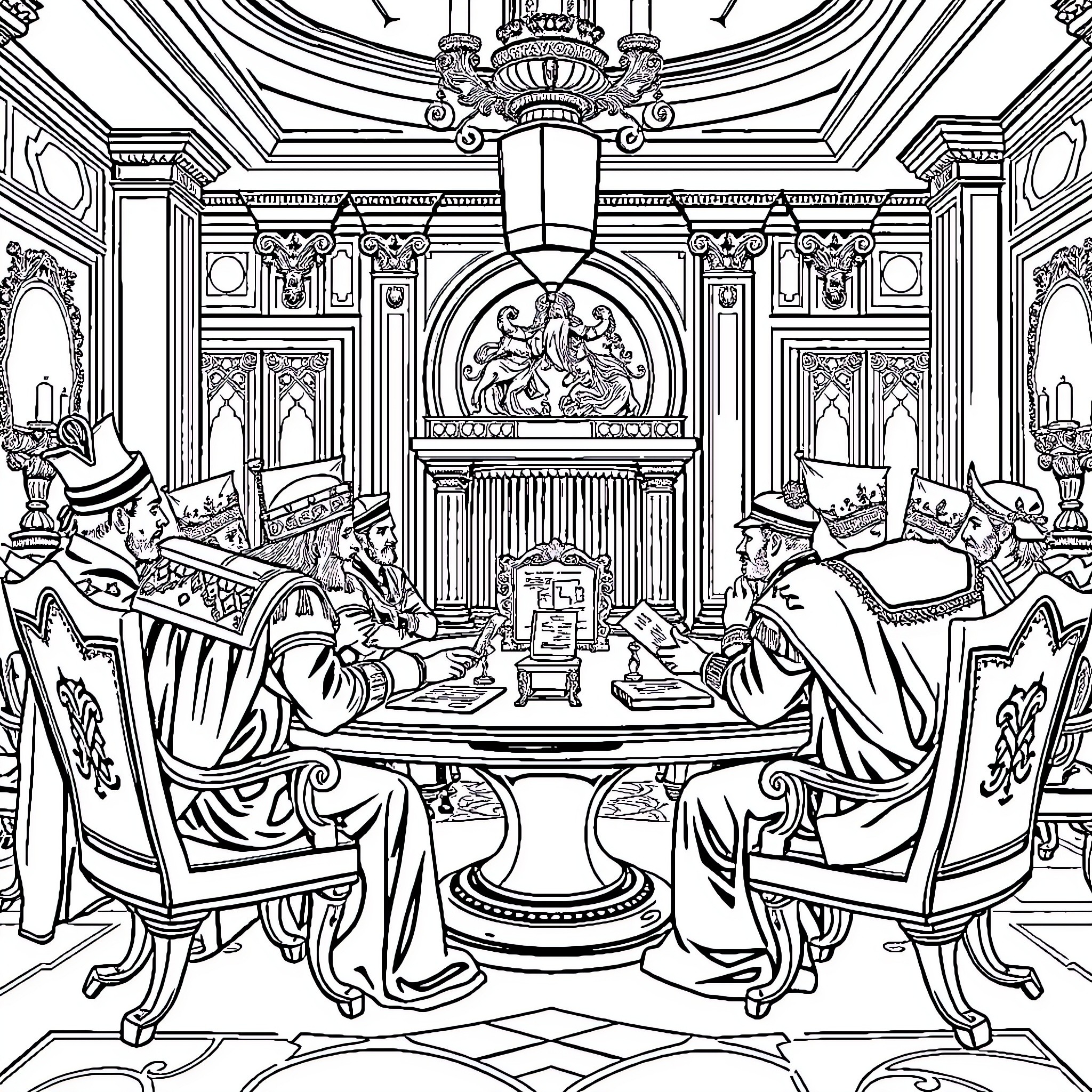 Empressario's Elaborate Courtroom Proceedings Coloring Page (free black-and-white line drawing printable PDF for all, from beginners to advanced learners, including children, teens, adults, and seniors)