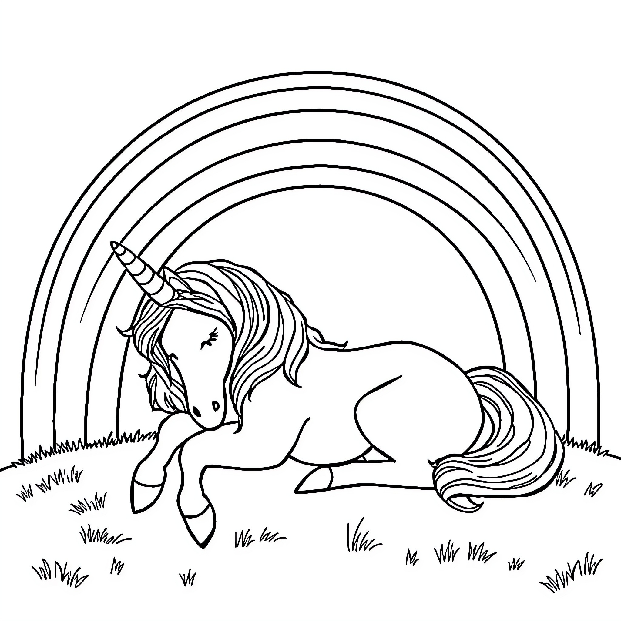 Unicorn resting peacefully in a field Coloring Page (free black-and-white line drawing printable PDF for all, from beginners to advanced learners, including children, teens, adults, and seniors)