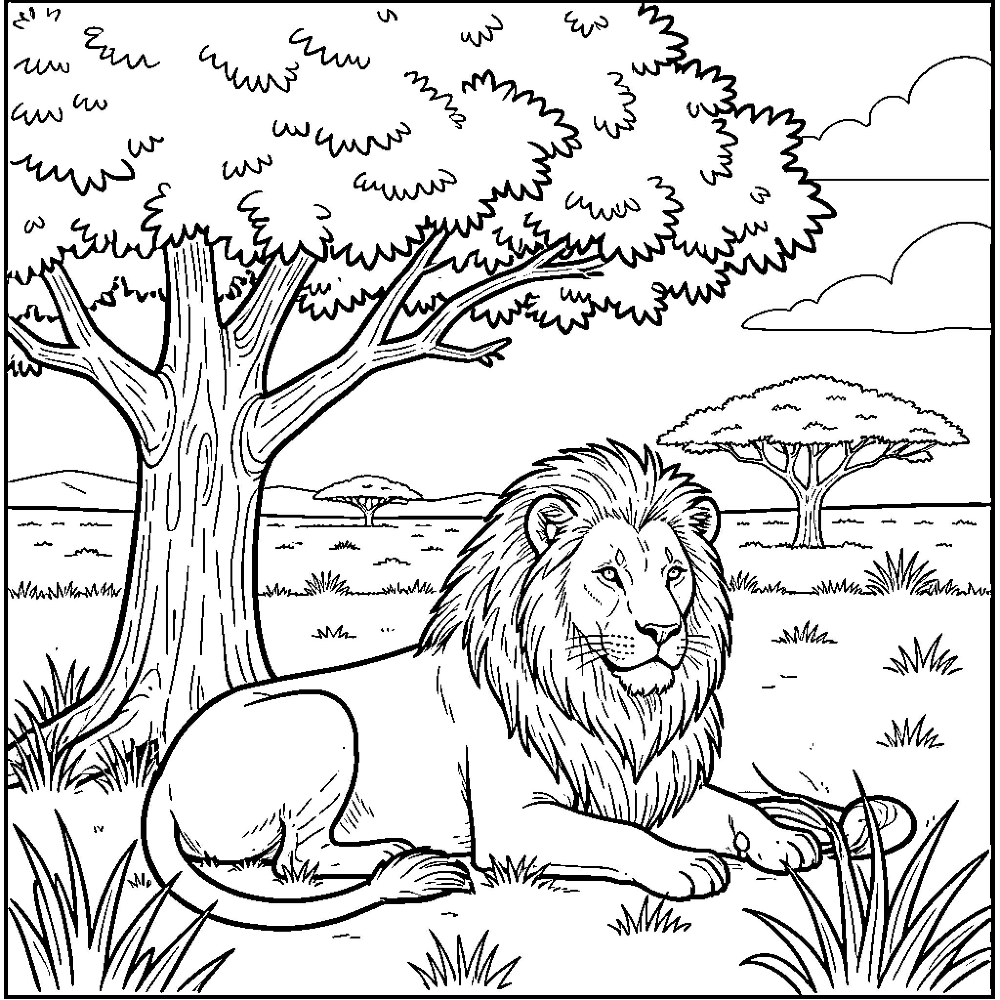 Lion resting peacefully in the African savanna Coloring Page (free black-and-white line drawing printable PDF for all, from beginners to advanced learners, including children, teens, adults, and seniors)
