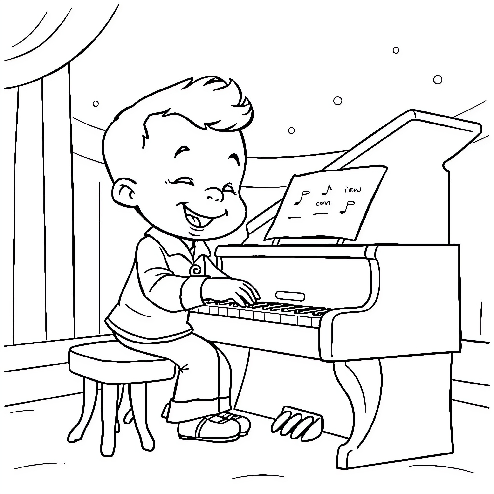 Quincy Plays Piano Cheerfully Coloring Page (free black-and-white line drawing printable PDF for all, from beginners to advanced learners, including children, teens, adults, and seniors)