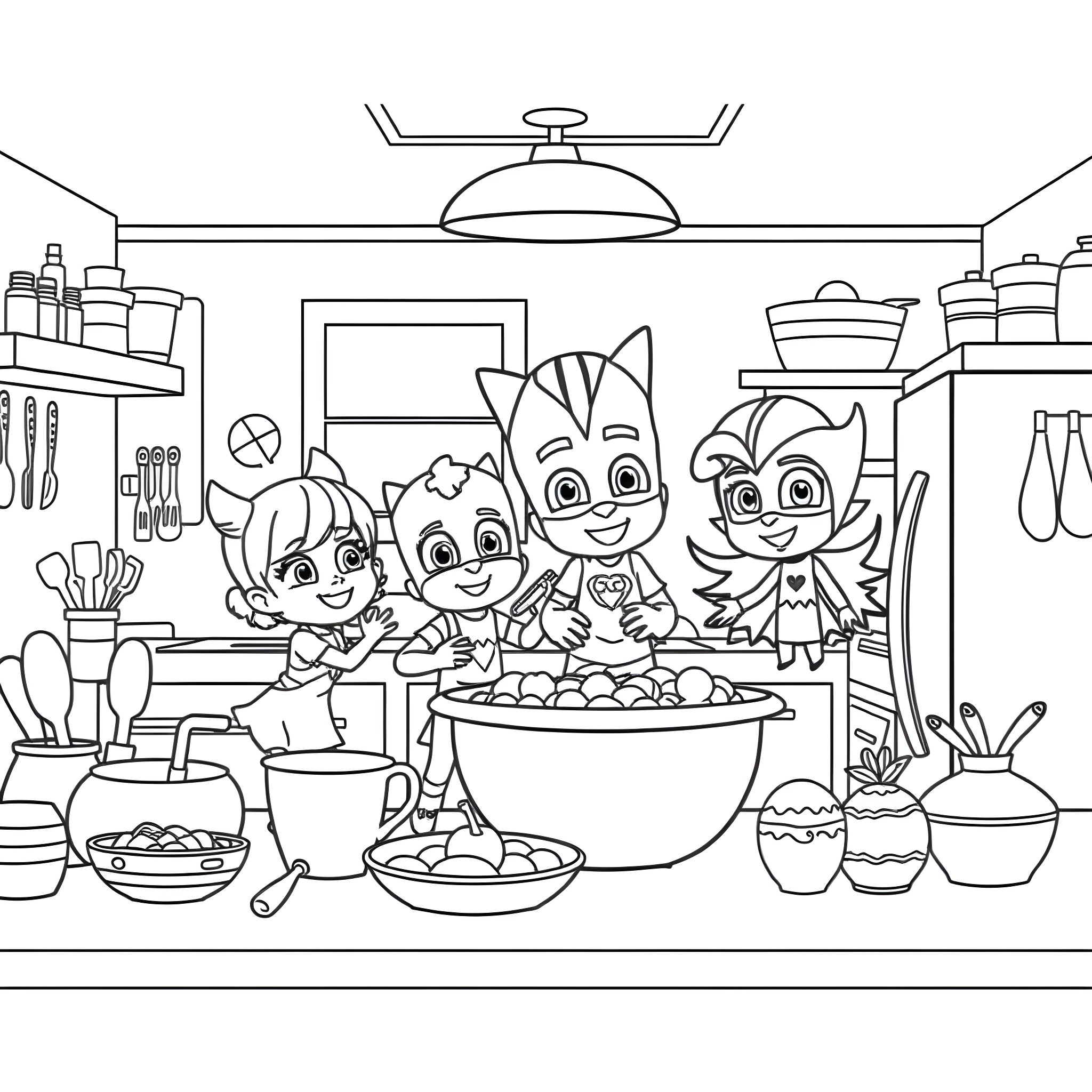 Pj Masks characters cooking and having fun in the kitchen Coloring Page (free black-and-white line drawing printable PDF for all, from beginners to advanced learners, including children, teens, adults, and seniors)