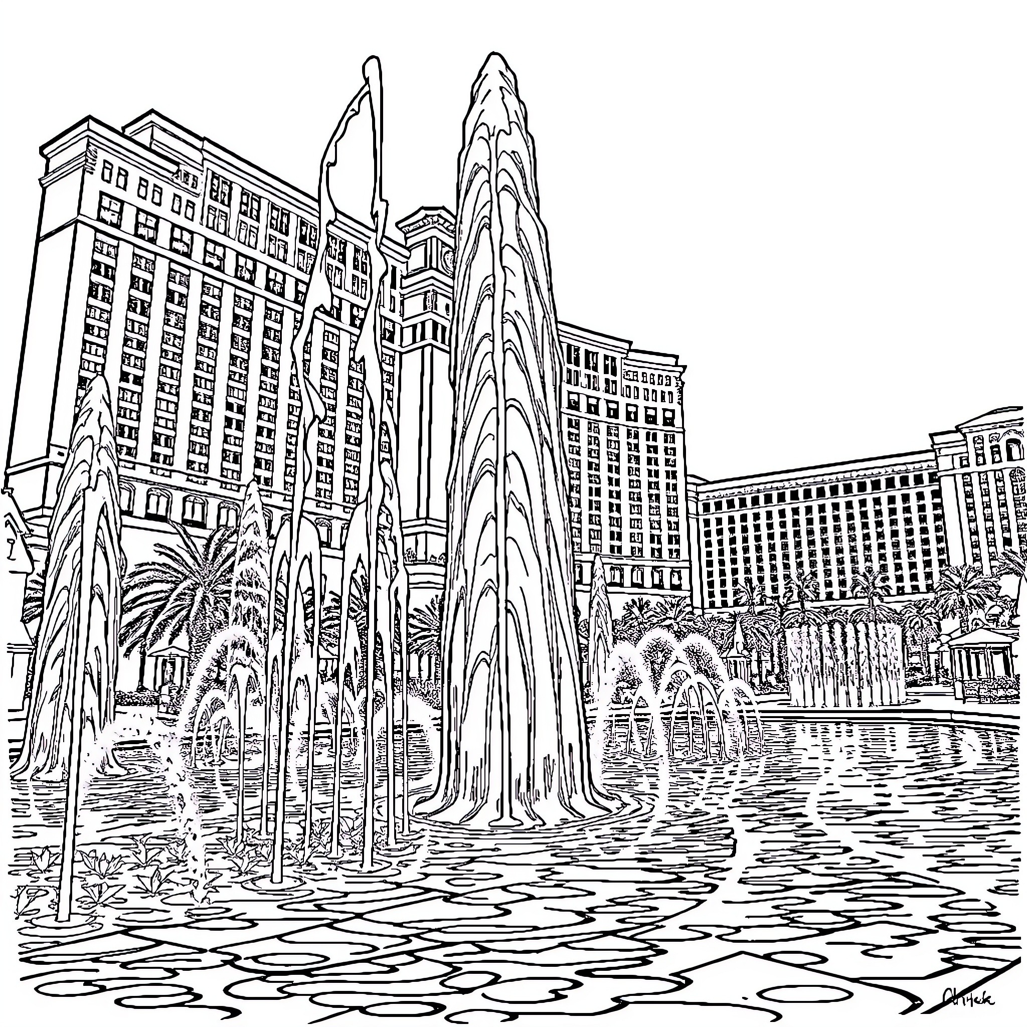 Fountain with Iconic Architectural Skyline Coloring Page (free black-and-white line drawing printable PDF for all, from beginners to advanced learners, including children, teens, adults, and seniors)