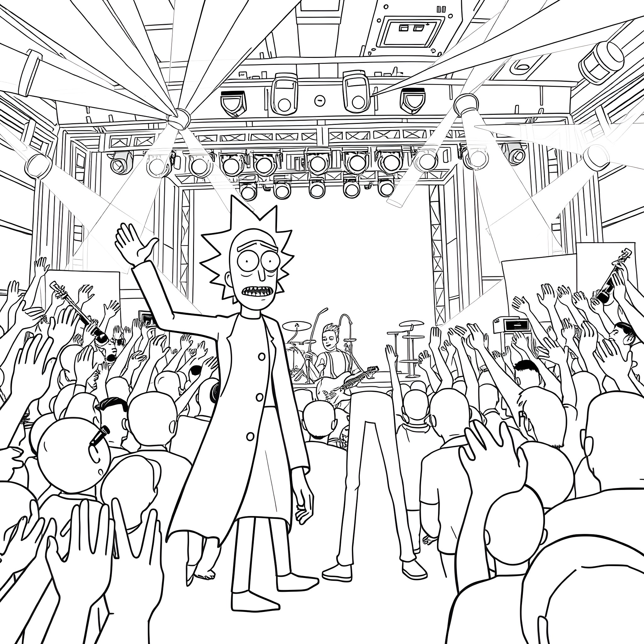 Rick performing on stage with an energetic crowd Coloring Page (free black-and-white line drawing printable PDF for all, from beginners to advanced learners, including children, teens, adults, and seniors)