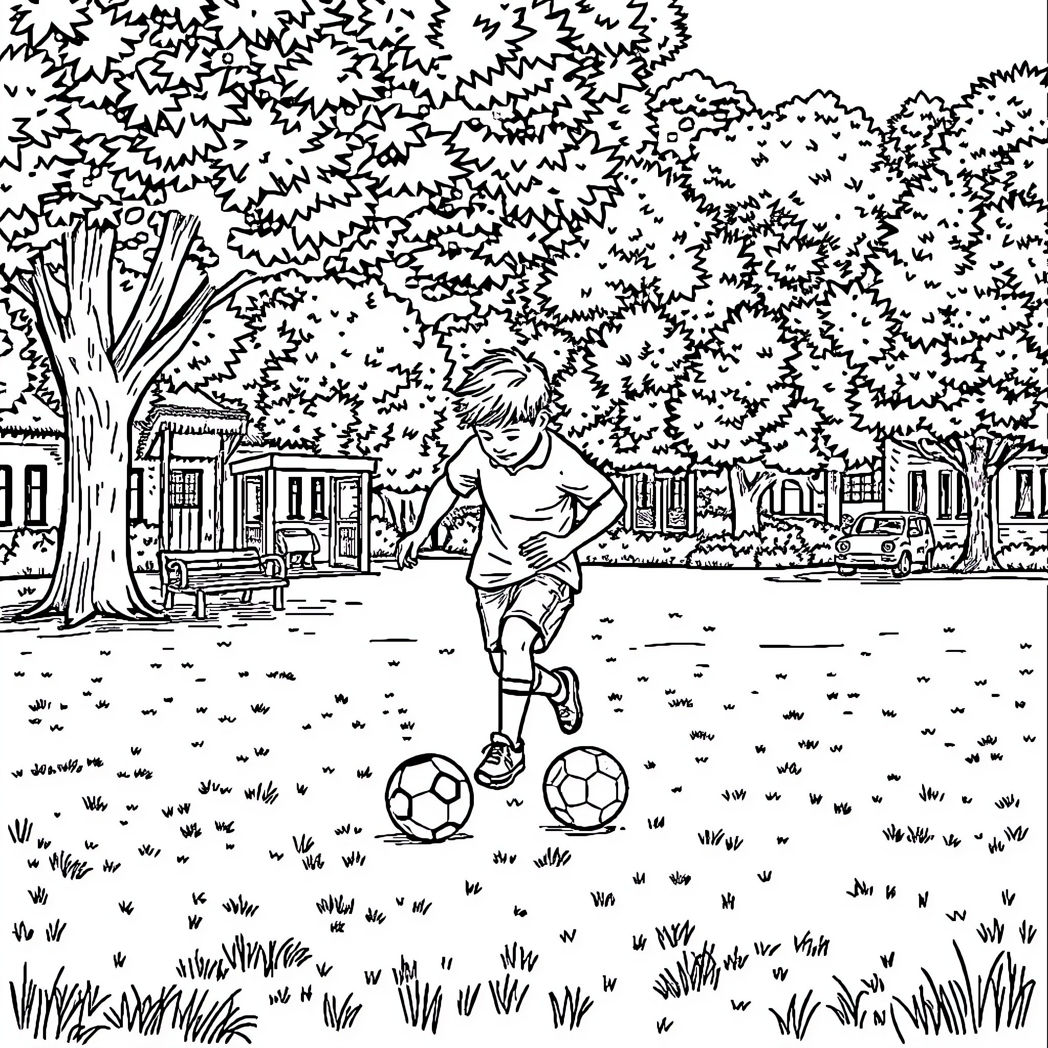 Boy playing with soccer balls in a park Coloring Page (free black-and-white line drawing printable PDF for all, from beginners to advanced learners, including children, teens, adults, and seniors)