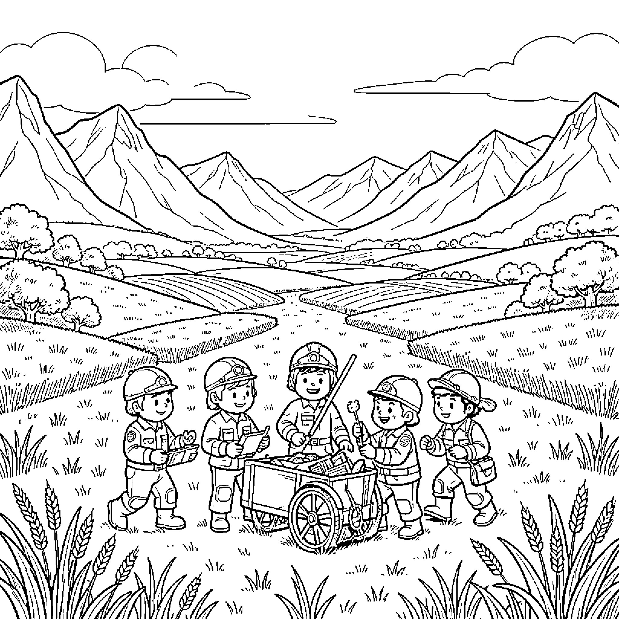 Paw Patrol characters working together in a rural landscape Coloring Page (free black-and-white line drawing printable PDF for all, from beginners to advanced learners, including children, teens, adults, and seniors)