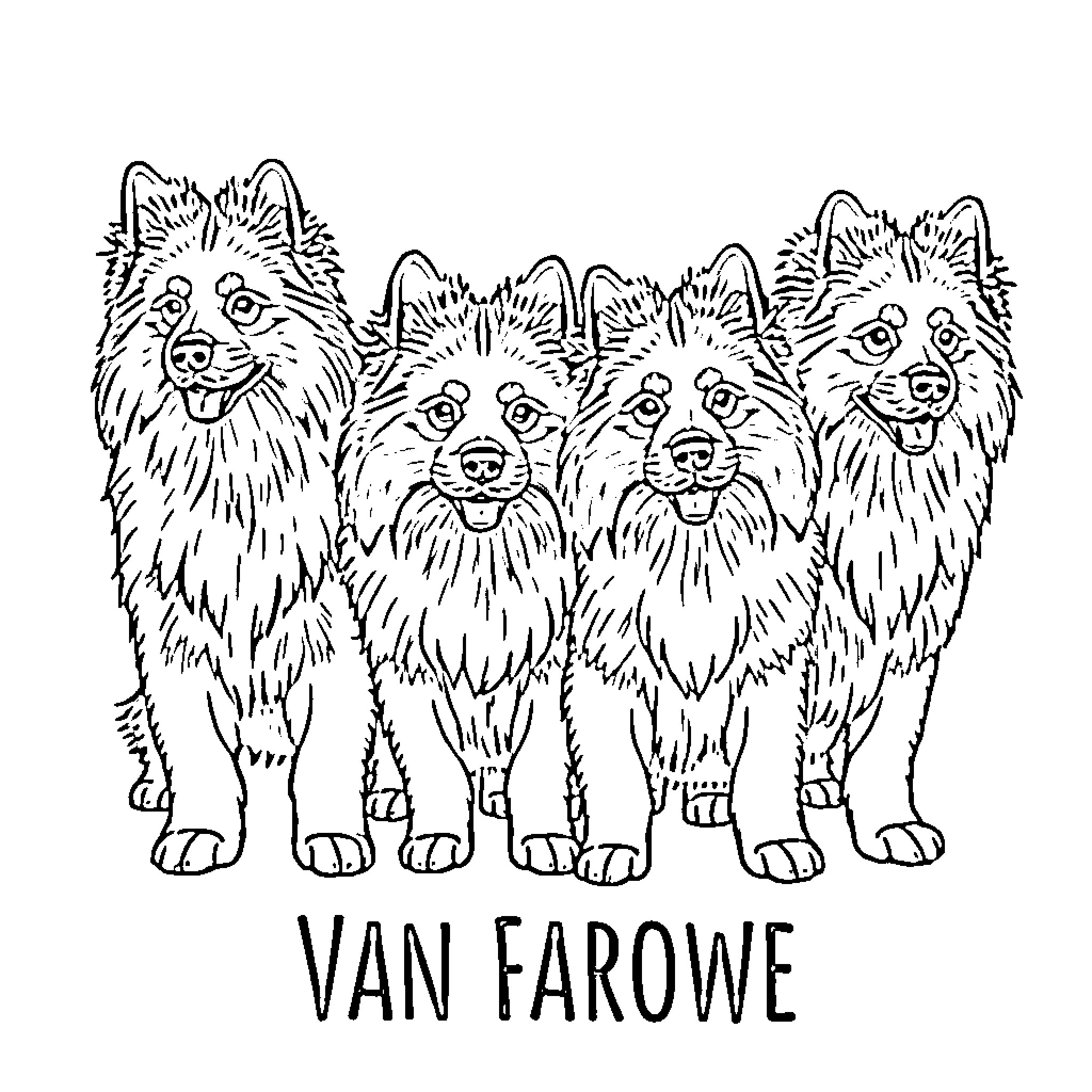 Keeshond dogs in a group portrait Coloring Page (free black-and-white line drawing printable PDF for all, from beginners to advanced learners, including children, teens, adults, and seniors)