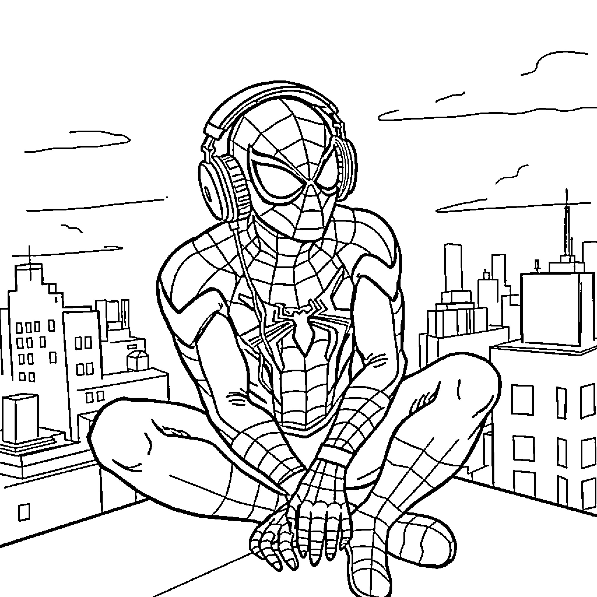 Spiderman listening to music on the city rooftop Coloring Page (free black-and-white line drawing printable PDF for all, from beginners to advanced learners, including children, teens, adults, and seniors)
