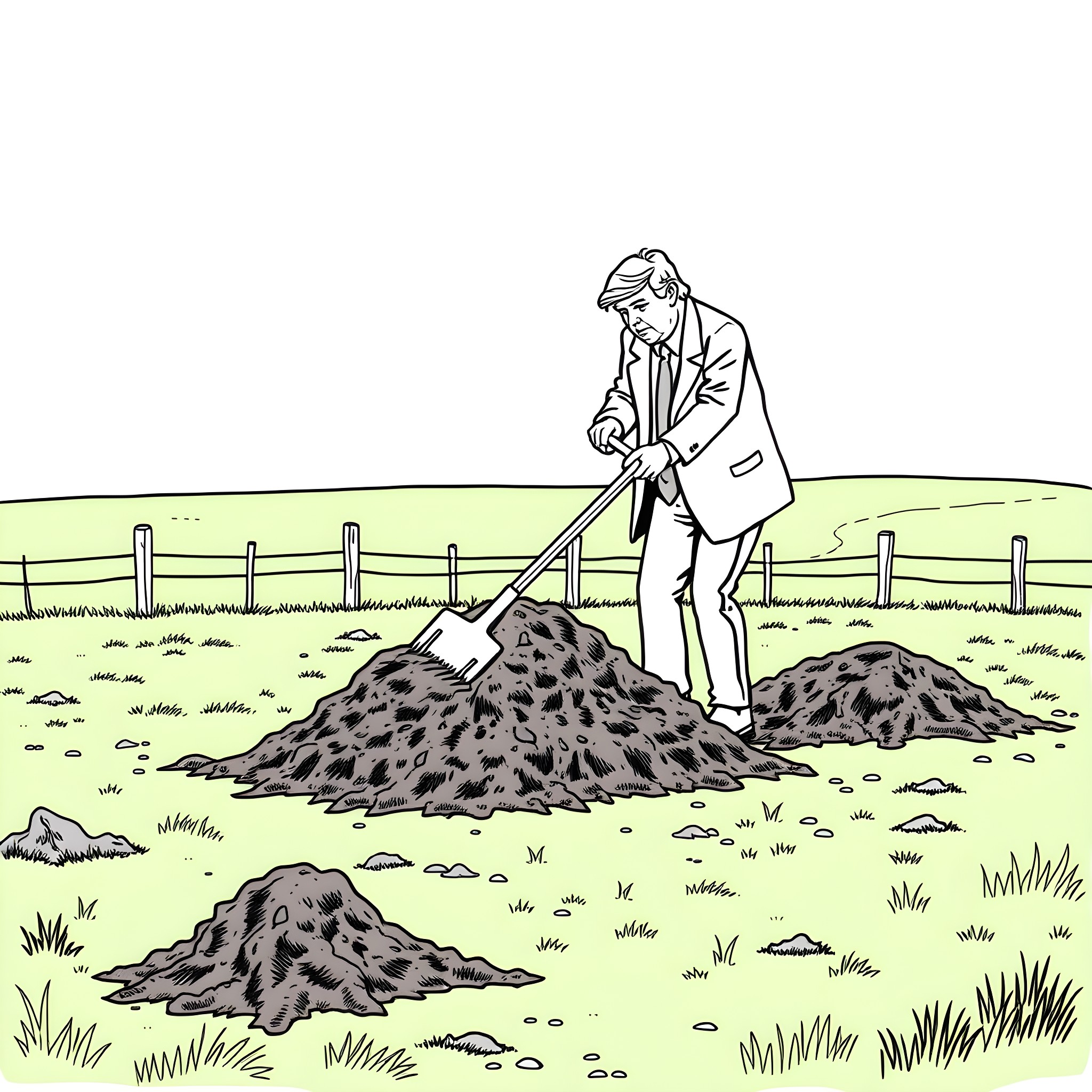 Donald Trump digging up dirt on political opponents Coloring Page (free black-and-white line drawing printable PDF for all, from beginners to advanced learners, including children, teens, adults, and seniors)