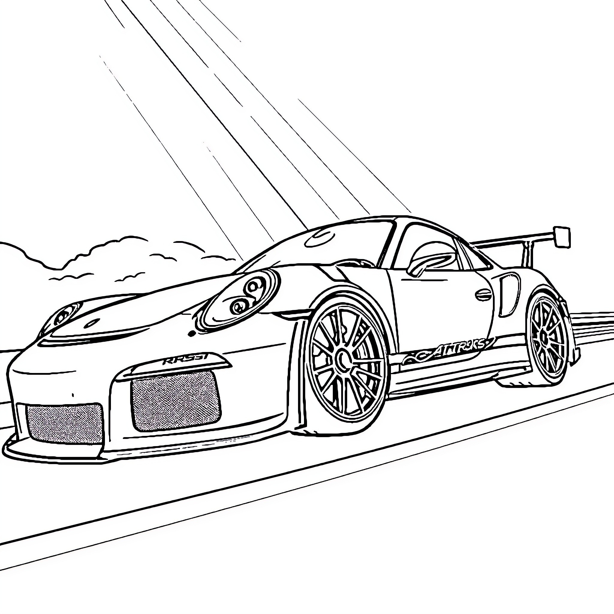 Porsche racing car on the track Coloring Page (free black-and-white line drawing printable PDF for all, from beginners to advanced learners, including children, teens, adults, and seniors)