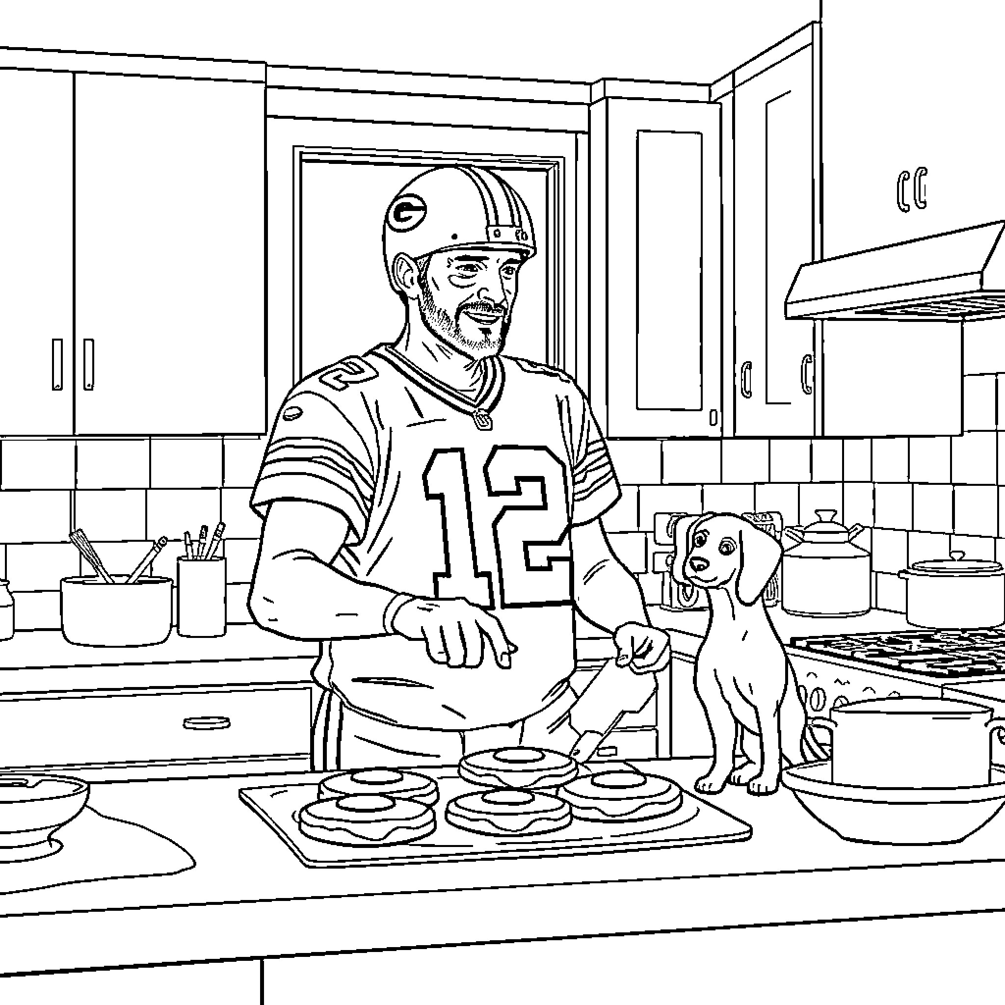 Pancake Breakfast with Football Player and Puppy Coloring Page (free black-and-white line drawing printable PDF for all, from beginners to advanced learners, including children, teens, adults, and seniors)