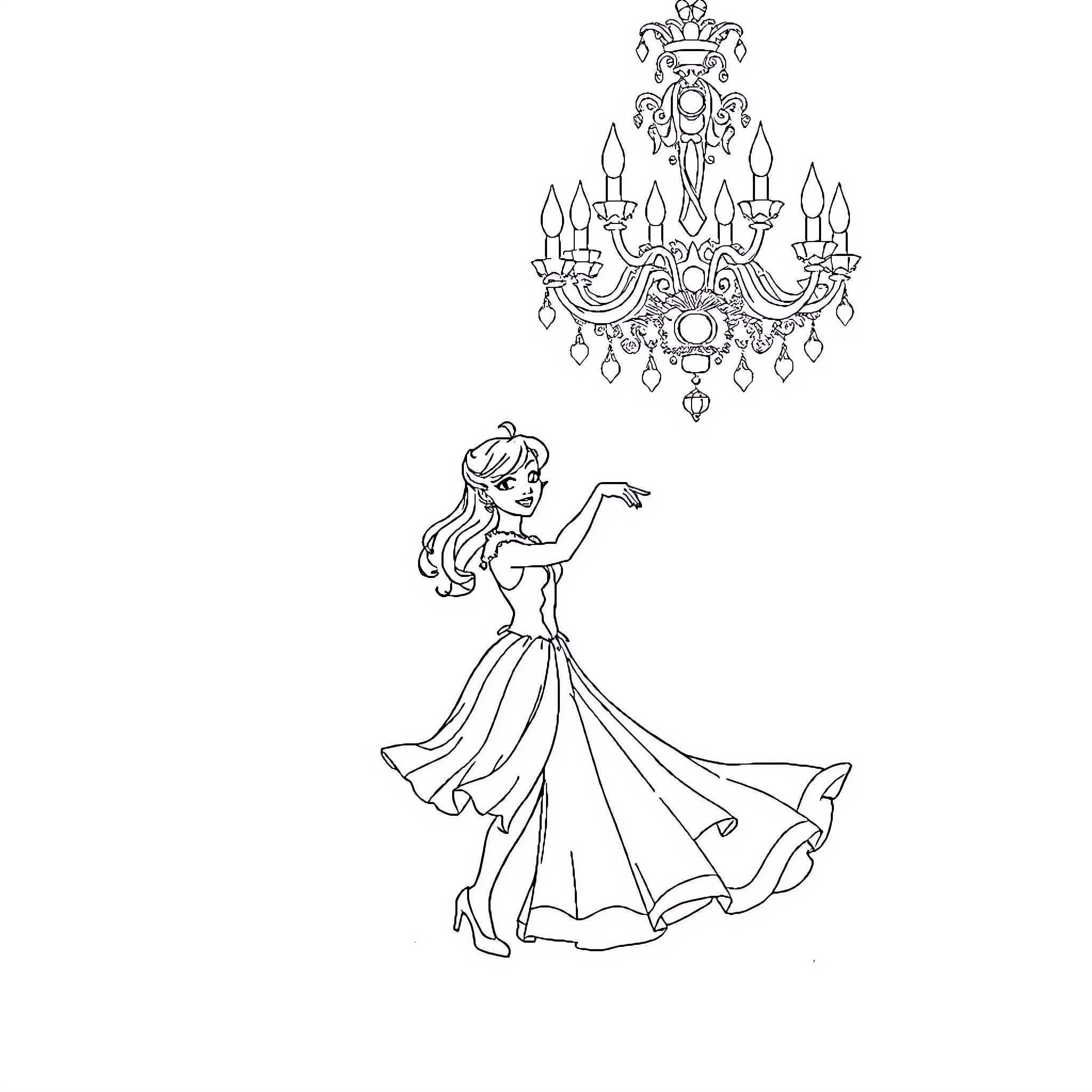 Isabella's elegant dance beneath the chandelier Coloring Page (free black-and-white line drawing printable PDF for all, from beginners to advanced learners, including children, teens, adults, and seniors)