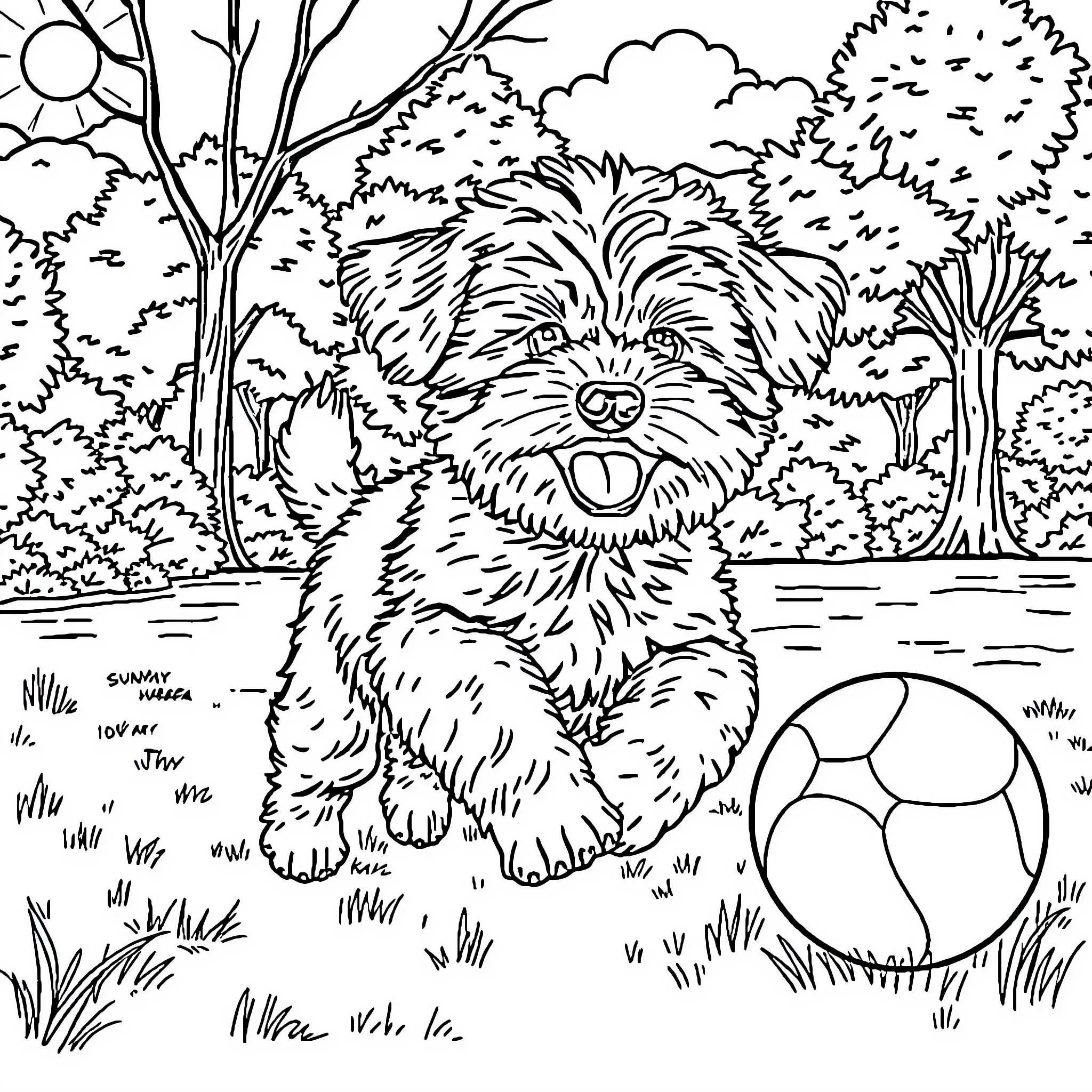 Maltipoo playing joyfully in the park Coloring Page (free black-and-white line drawing printable PDF for all, from beginners to advanced learners, including children, teens, adults, and seniors)