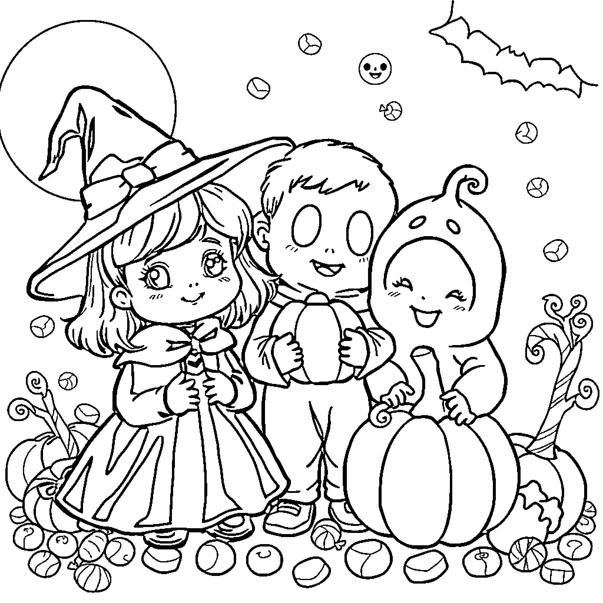Halloween Trick-or-Treating with Witch and Pumpkin Coloring Page (free black-and-white line drawing printable PDF for all, from beginners to advanced learners, including children, teens, adults, and seniors)