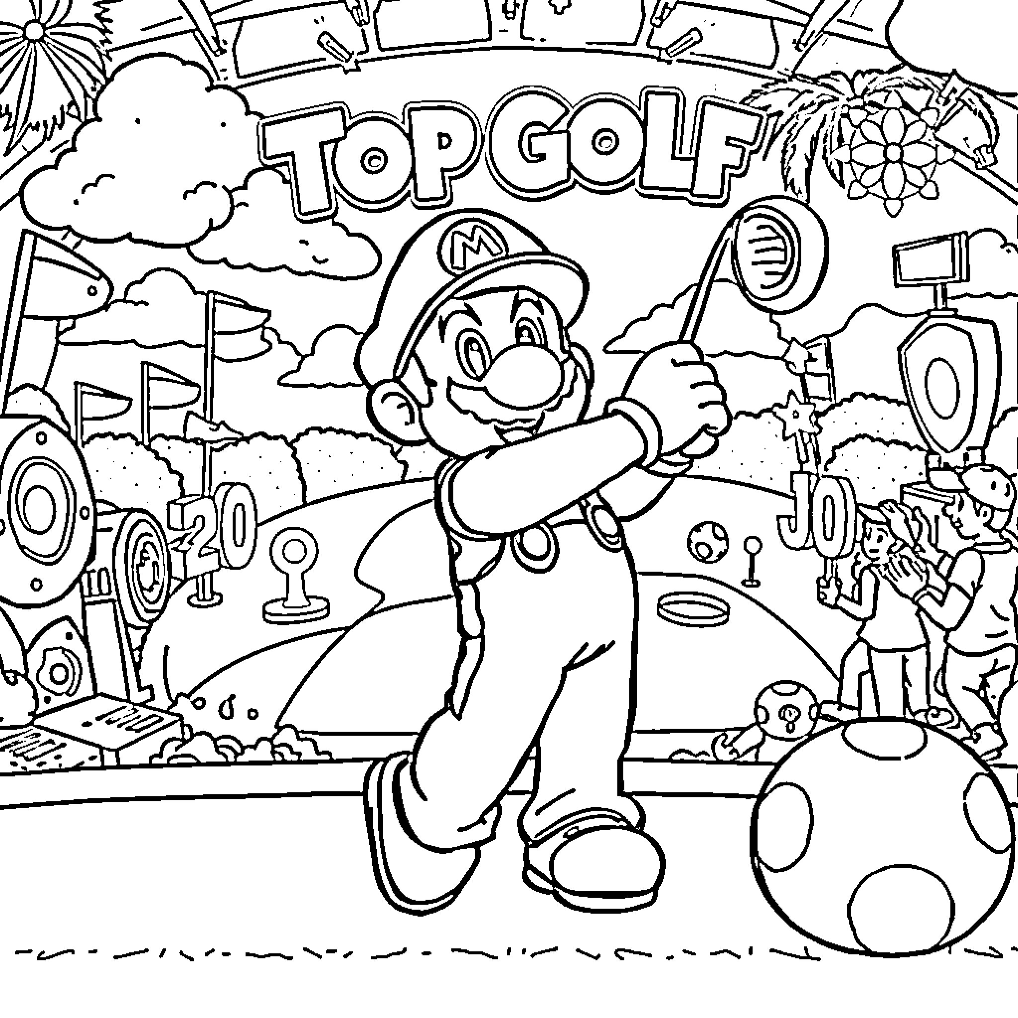 Mario playing top golf in a whimsical scene Coloring Page (free black-and-white line drawing printable PDF for all, from beginners to advanced learners, including children, teens, adults, and seniors)