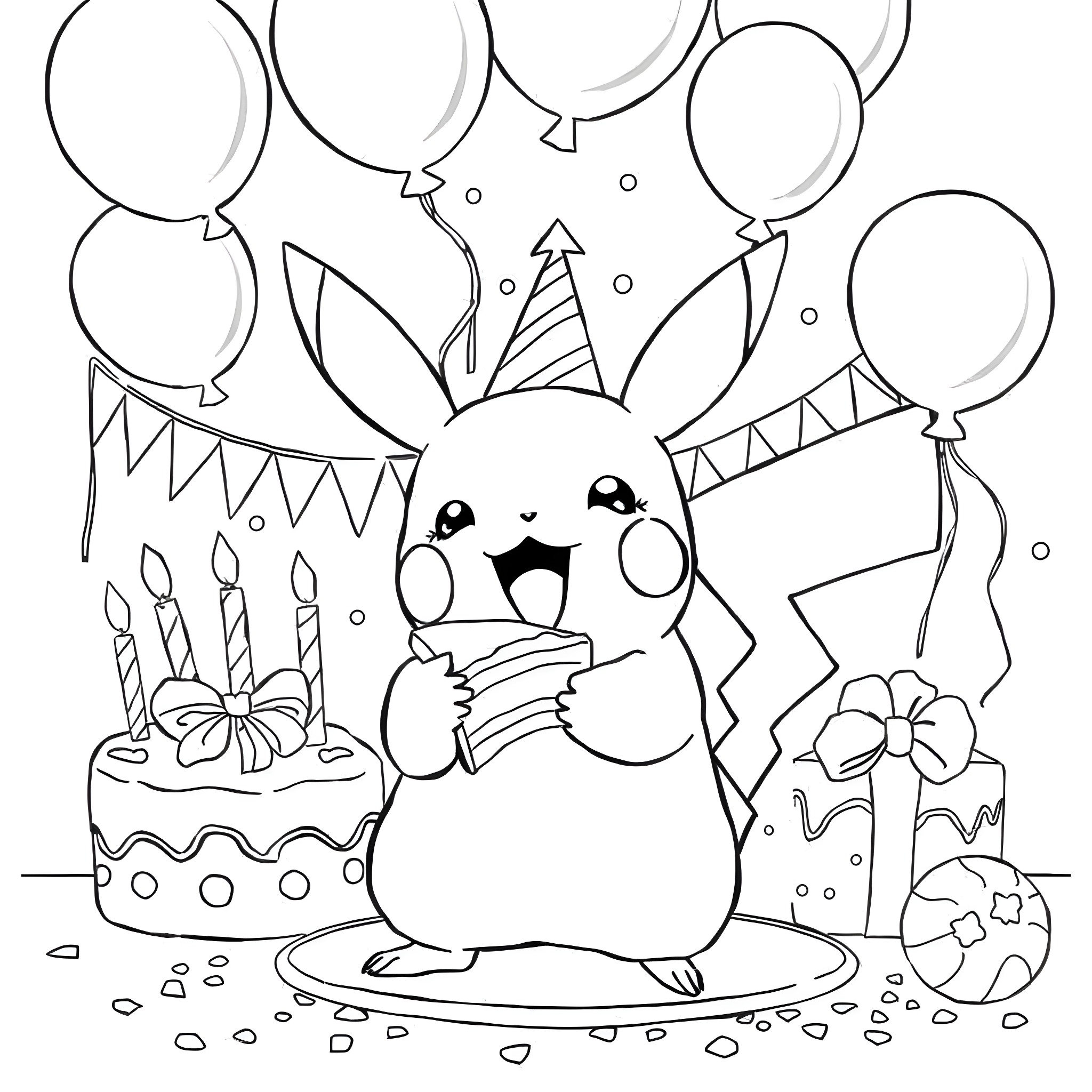 Pikachu celebrating birthday with cake and balloons Coloring Page (free black-and-white line drawing printable PDF for all, from beginners to advanced learners, including children, teens, adults, and seniors)