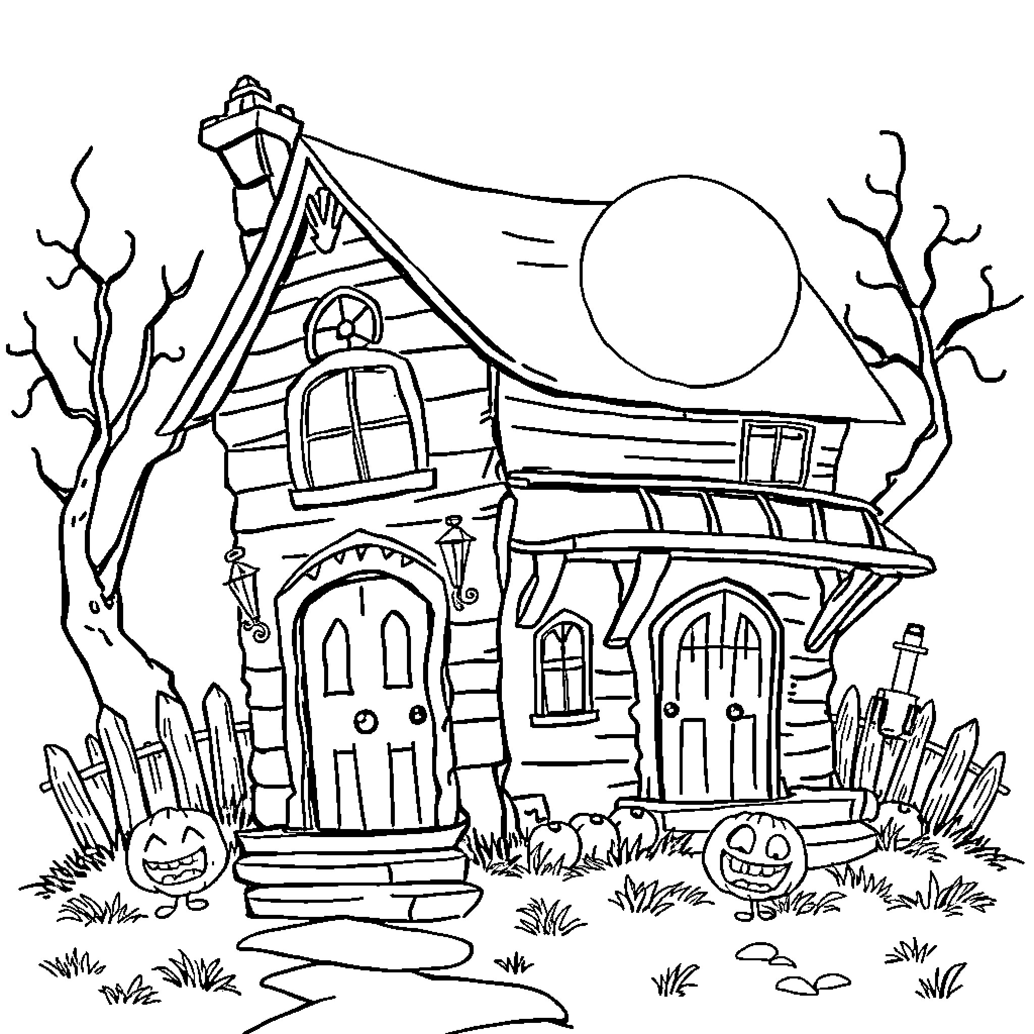 Haunted House with Creepy Atmosphere and Pumpkins Coloring Page (free black-and-white line drawing printable PDF for all, from beginners to advanced learners, including children, teens, adults, and seniors)