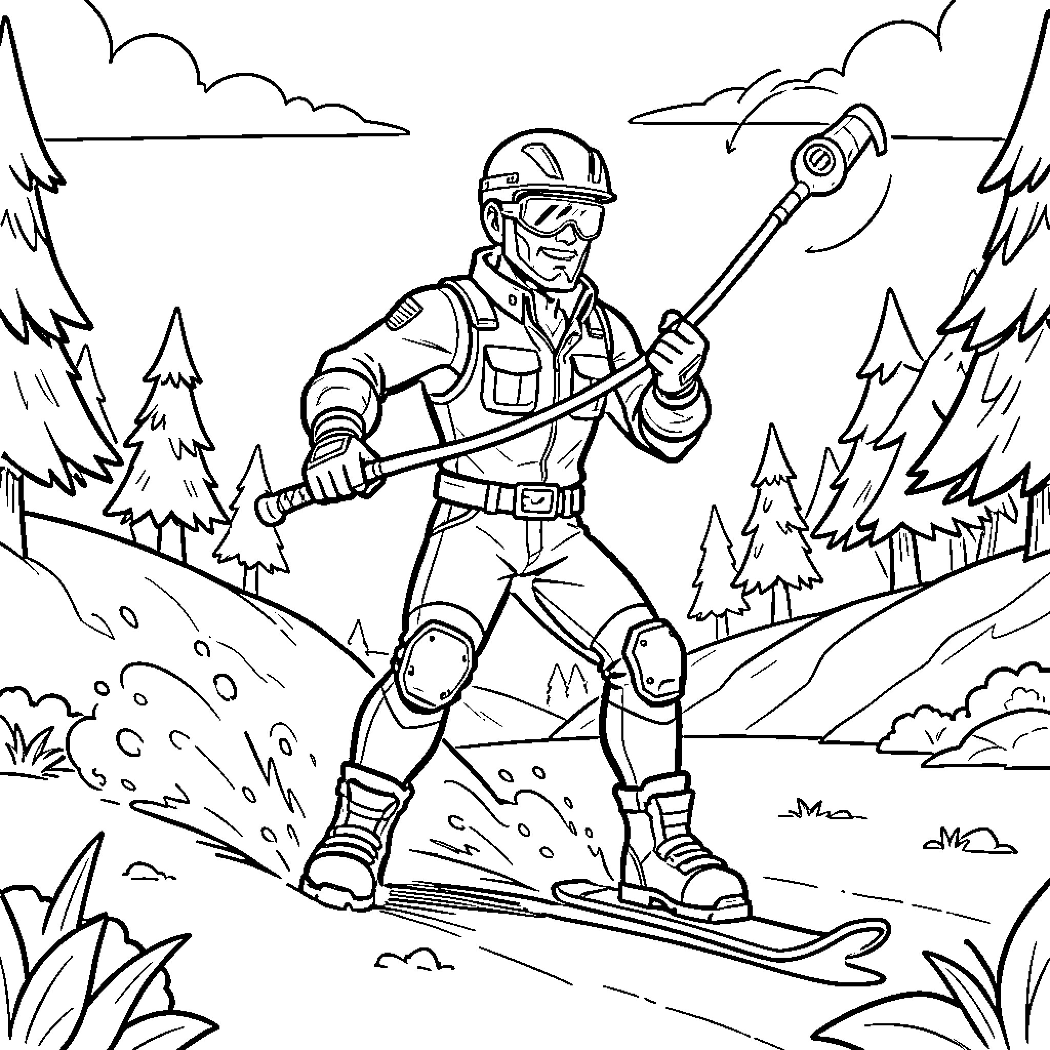 Par Patroller skiing through a snowy forest landscape Coloring Page (free black-and-white line drawing printable PDF for all, from beginners to advanced learners, including children, teens, adults, and seniors)