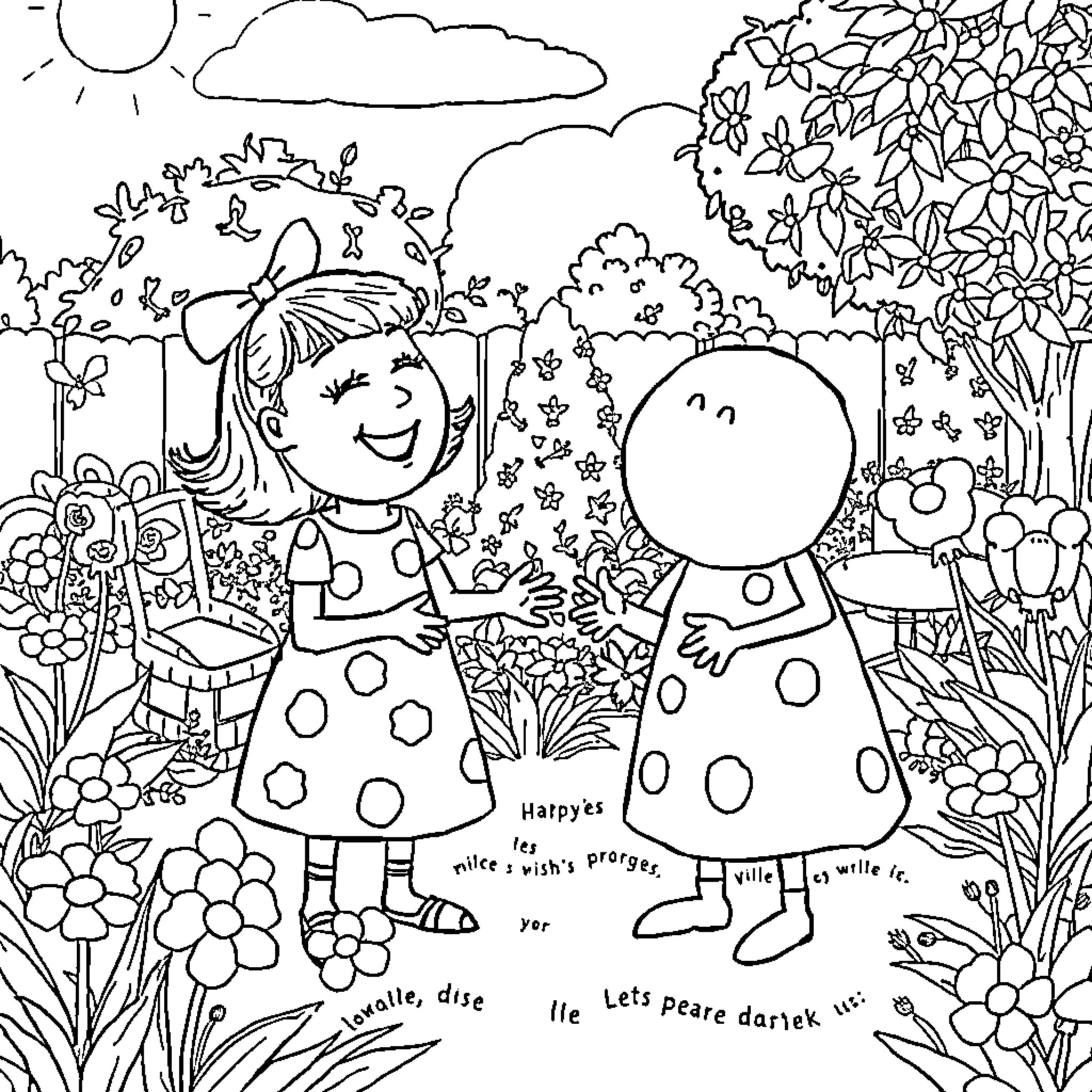 Pepa and Friends Explore the Vibrant Garden Coloring Page (free black-and-white line drawing printable PDF for all, from beginners to advanced learners, including children, teens, adults, and seniors)