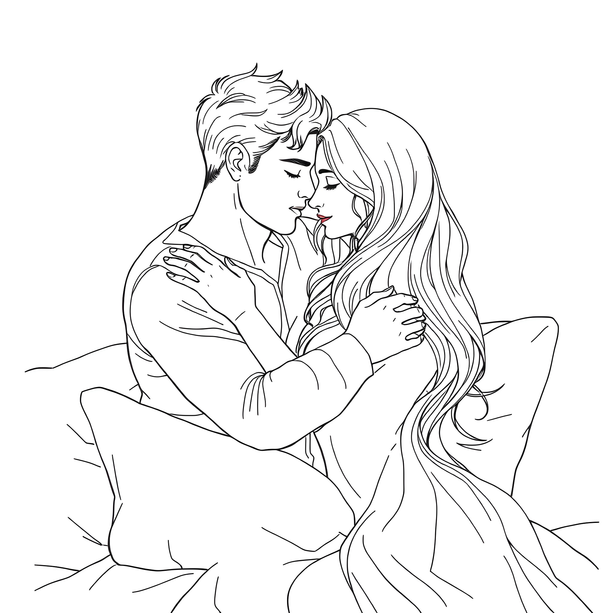 Couple embracing tenderly in intimate moment Coloring Page (free black-and-white line drawing printable PDF for all, from beginners to advanced learners, including children, teens, adults, and seniors)