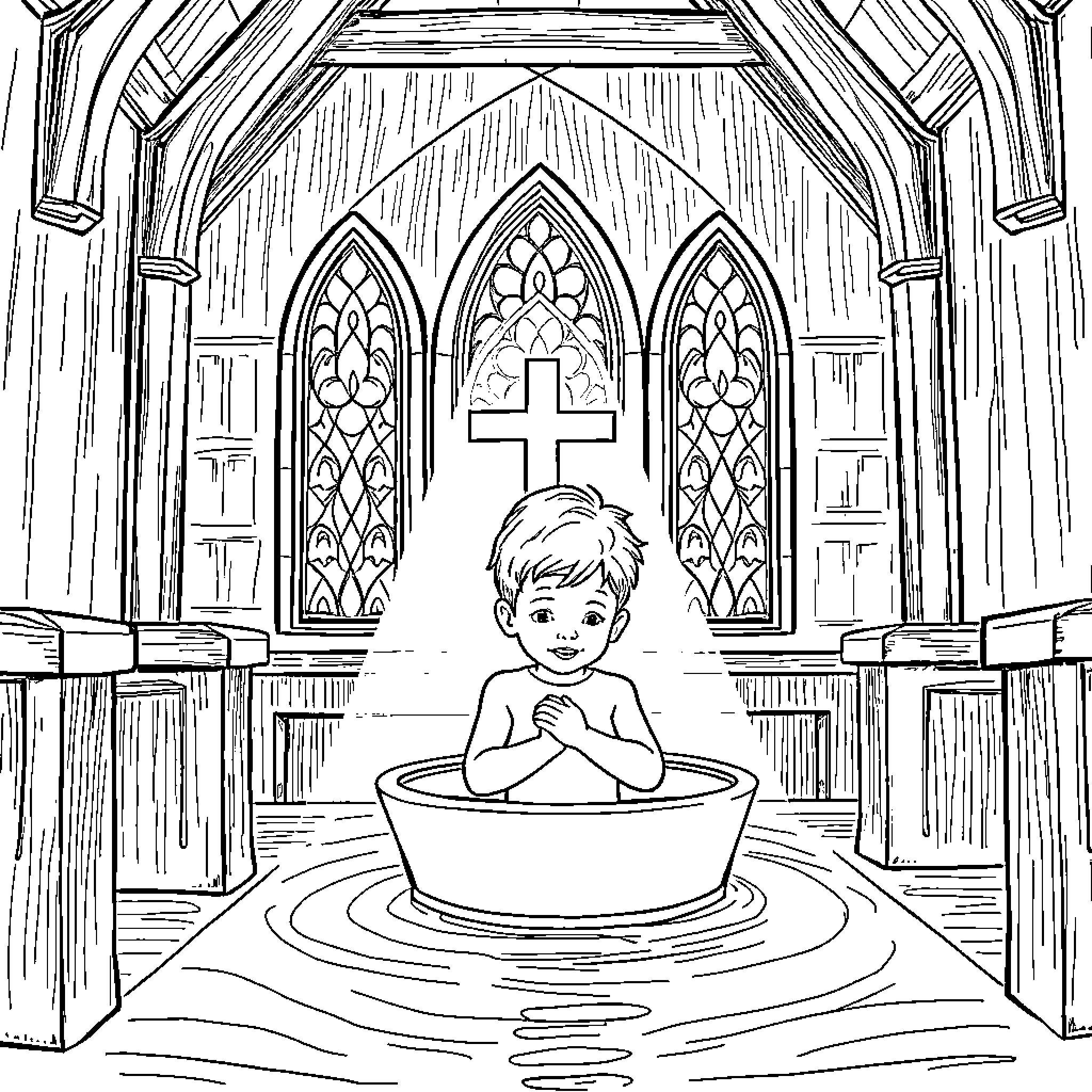 Boy praying in a church with stained glass windows Coloring Page (free black-and-white line drawing printable PDF for all, from beginners to advanced learners, including children, teens, adults, and seniors)