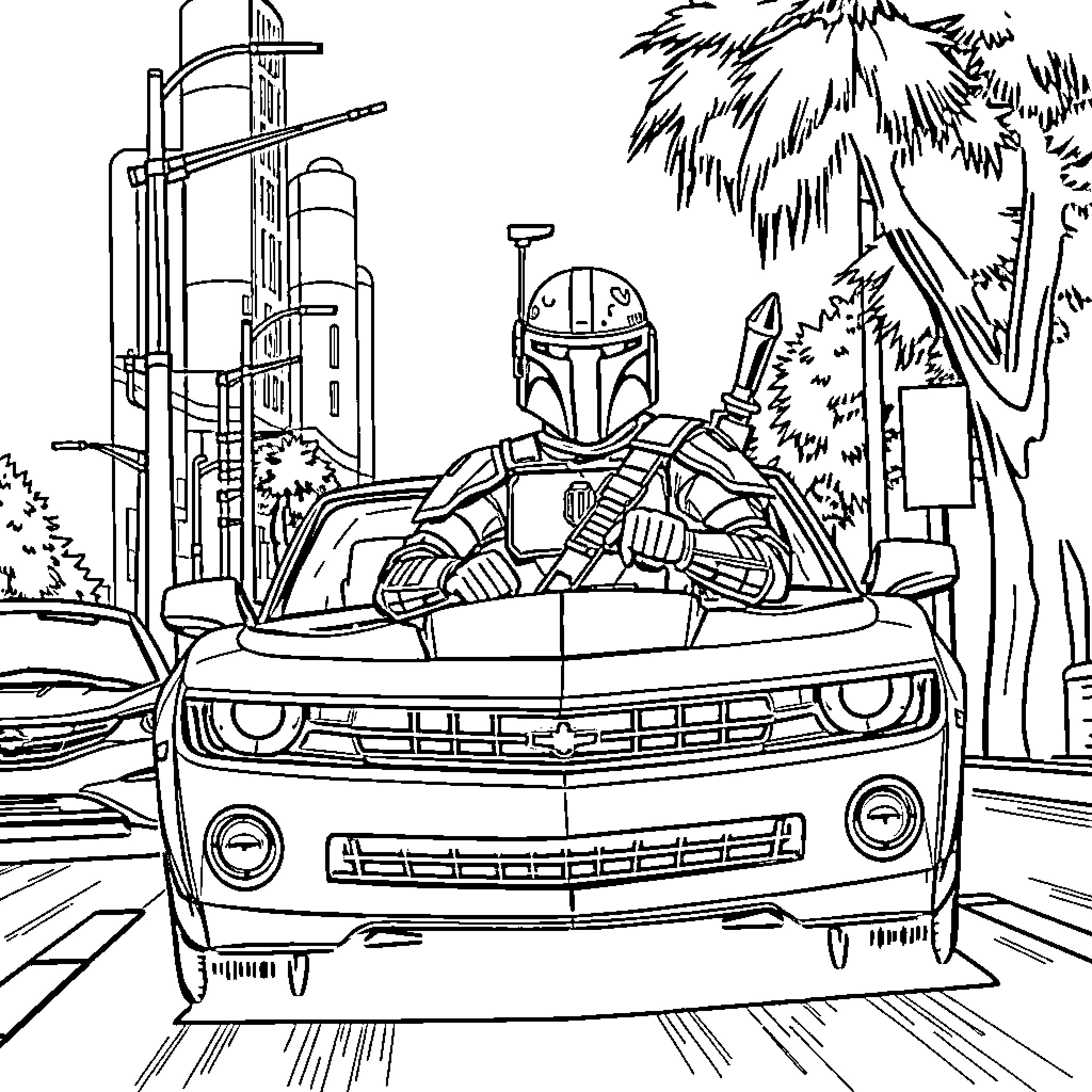 Boba Fett's Speedy Escape through the City Coloring Page (free black-and-white line drawing printable PDF for all, from beginners to advanced learners, including children, teens, adults, and seniors)
