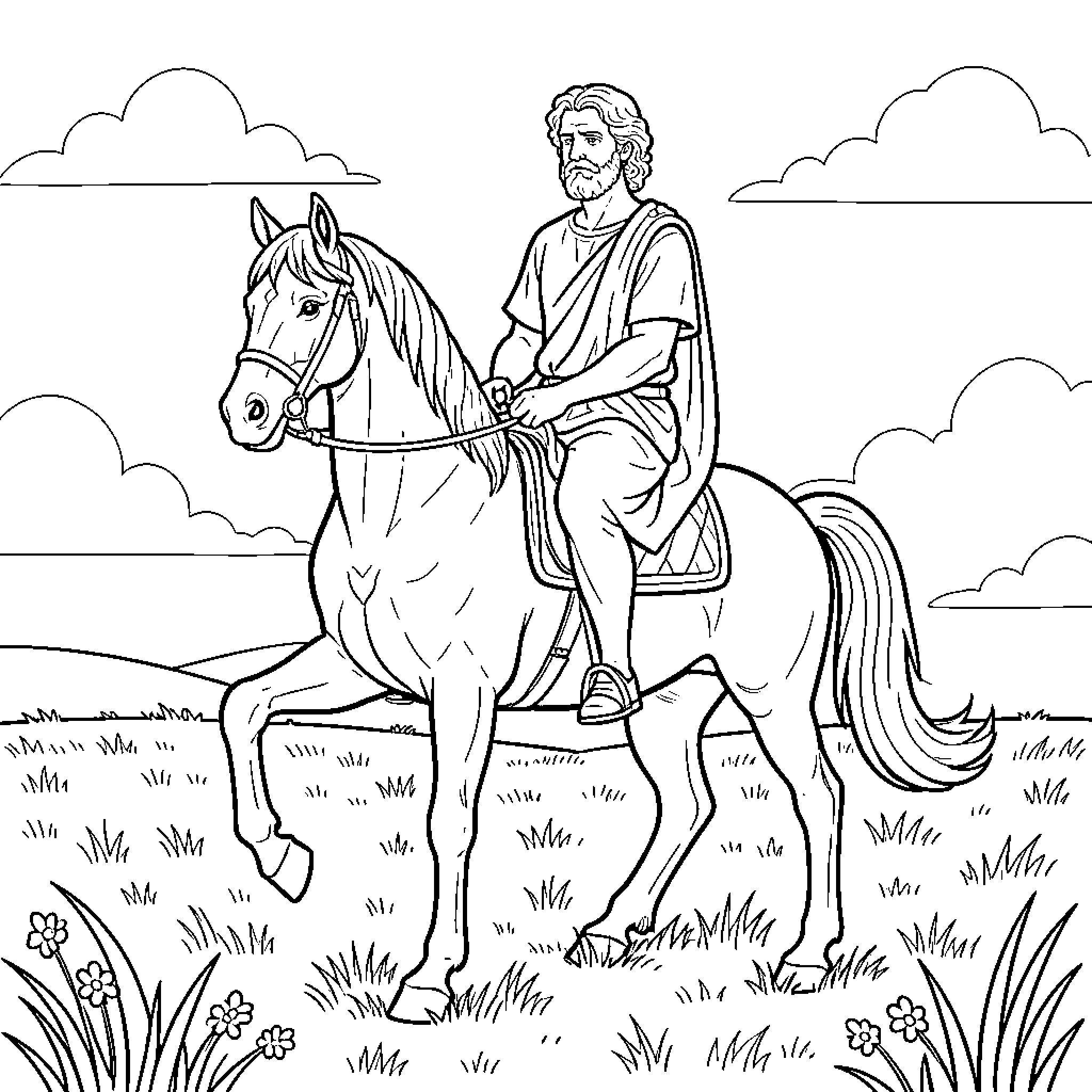 Plato's Philosophical Discourse on Horseback Coloring Page (free black-and-white line drawing printable PDF for all, from beginners to advanced learners, including children, teens, adults, and seniors)