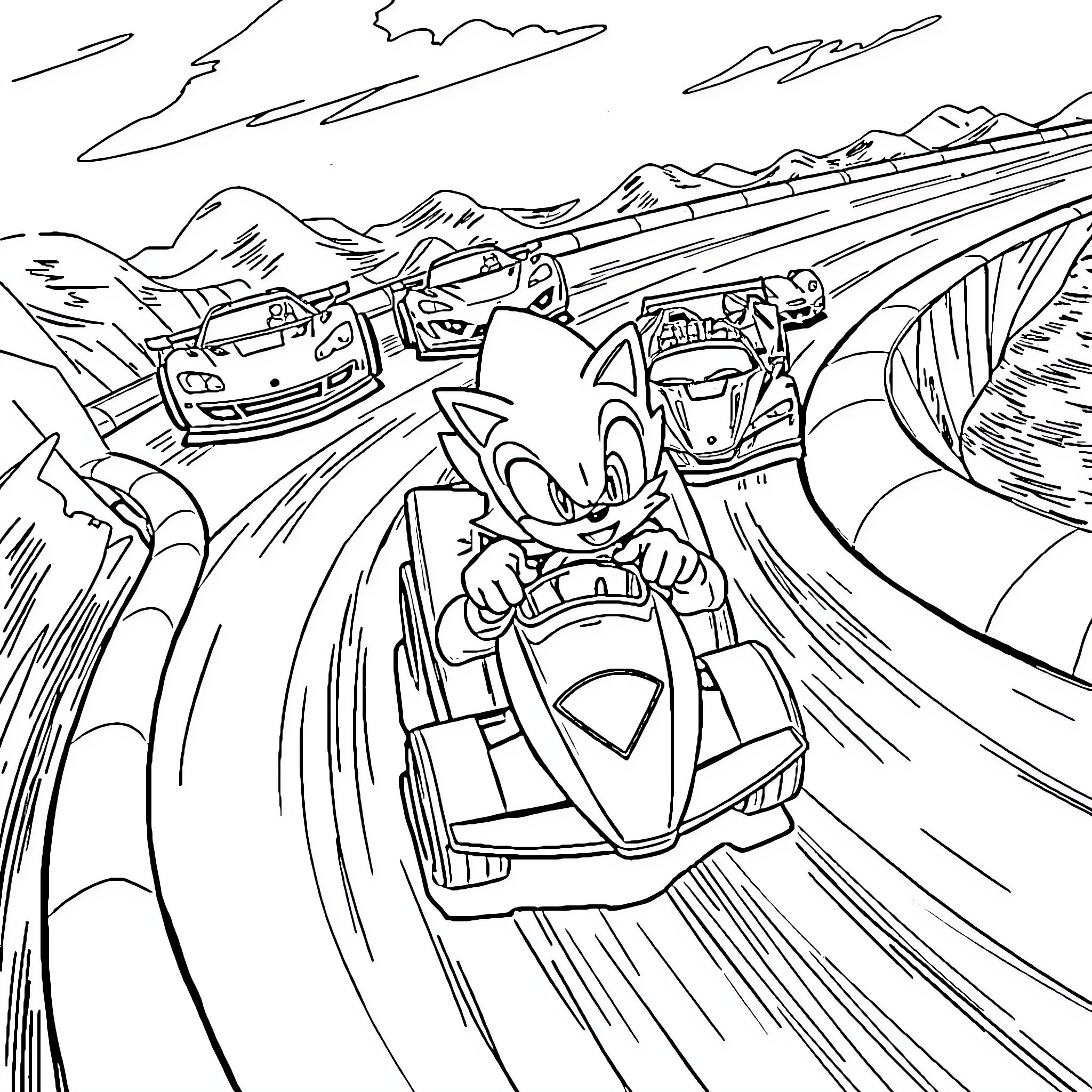 Hotwheel Car Racing on Winding Mountain Road Coloring Page (free black-and-white line drawing printable PDF for all, from beginners to advanced learners, including children, teens, adults, and seniors)