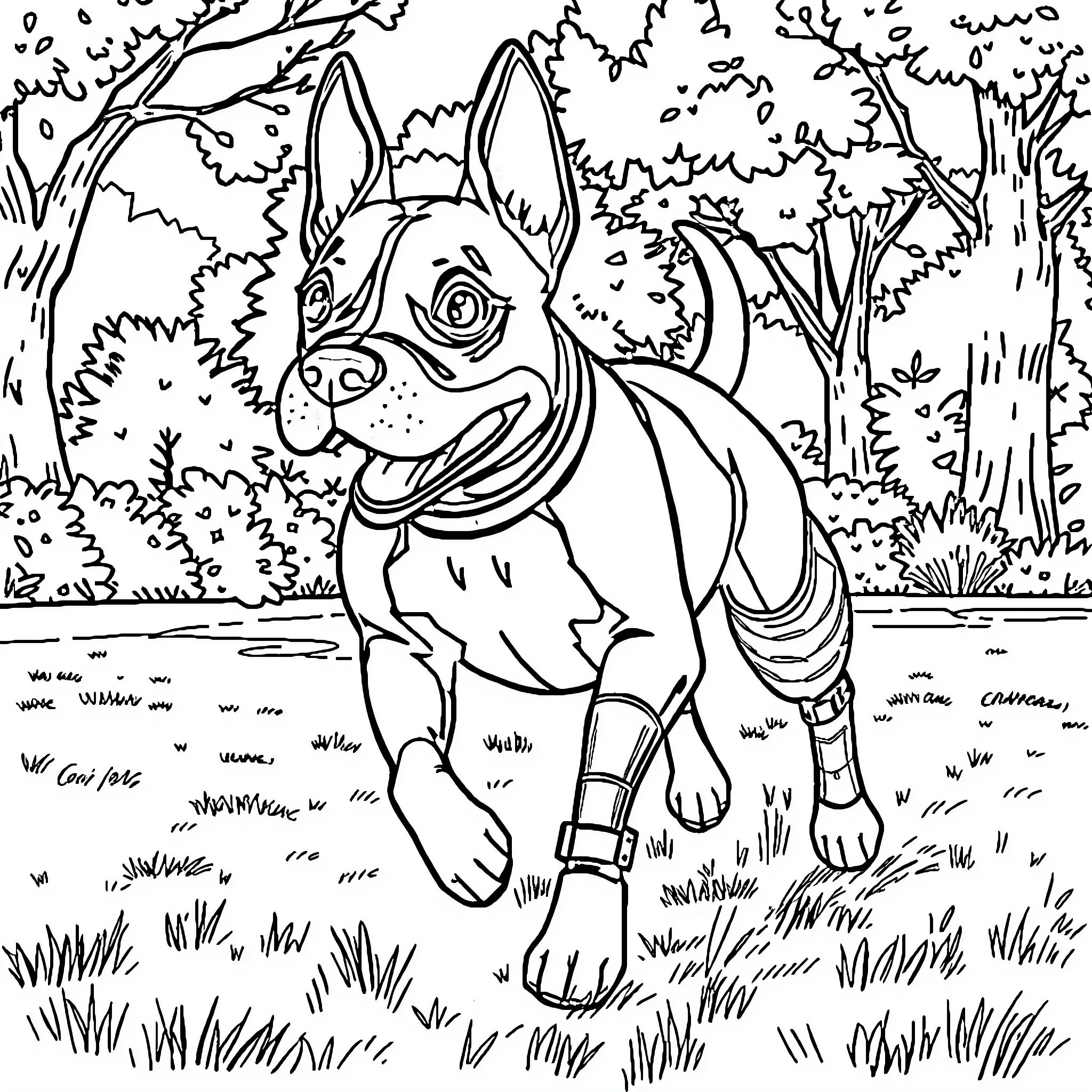 Staffy dog exploring the wilderness Coloring Page (free black-and-white line drawing printable PDF for all, from beginners to advanced learners, including children, teens, adults, and seniors)